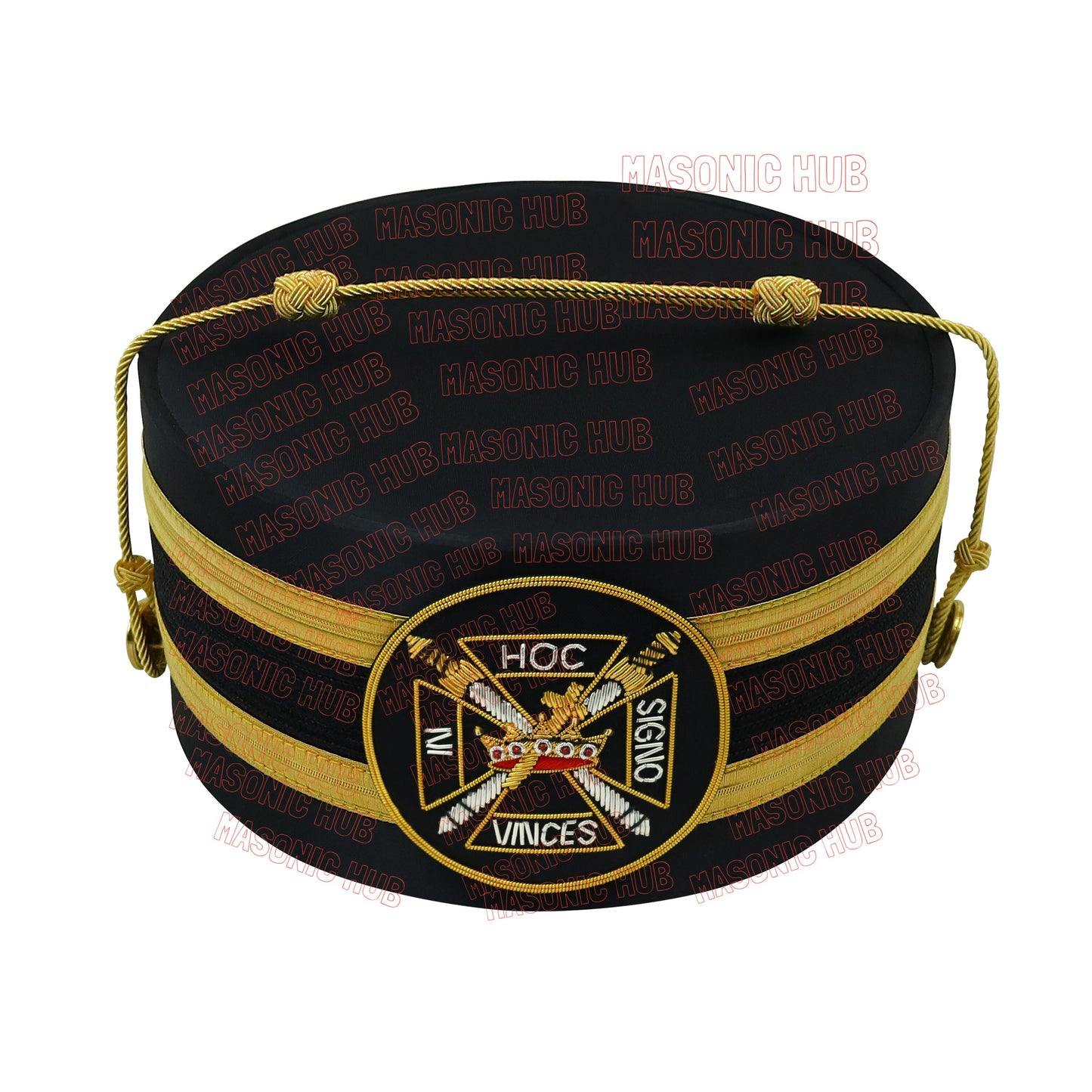 Knights Templar Black Satin Cap with Gold Braid - Masonic Freemason Hat ( A )