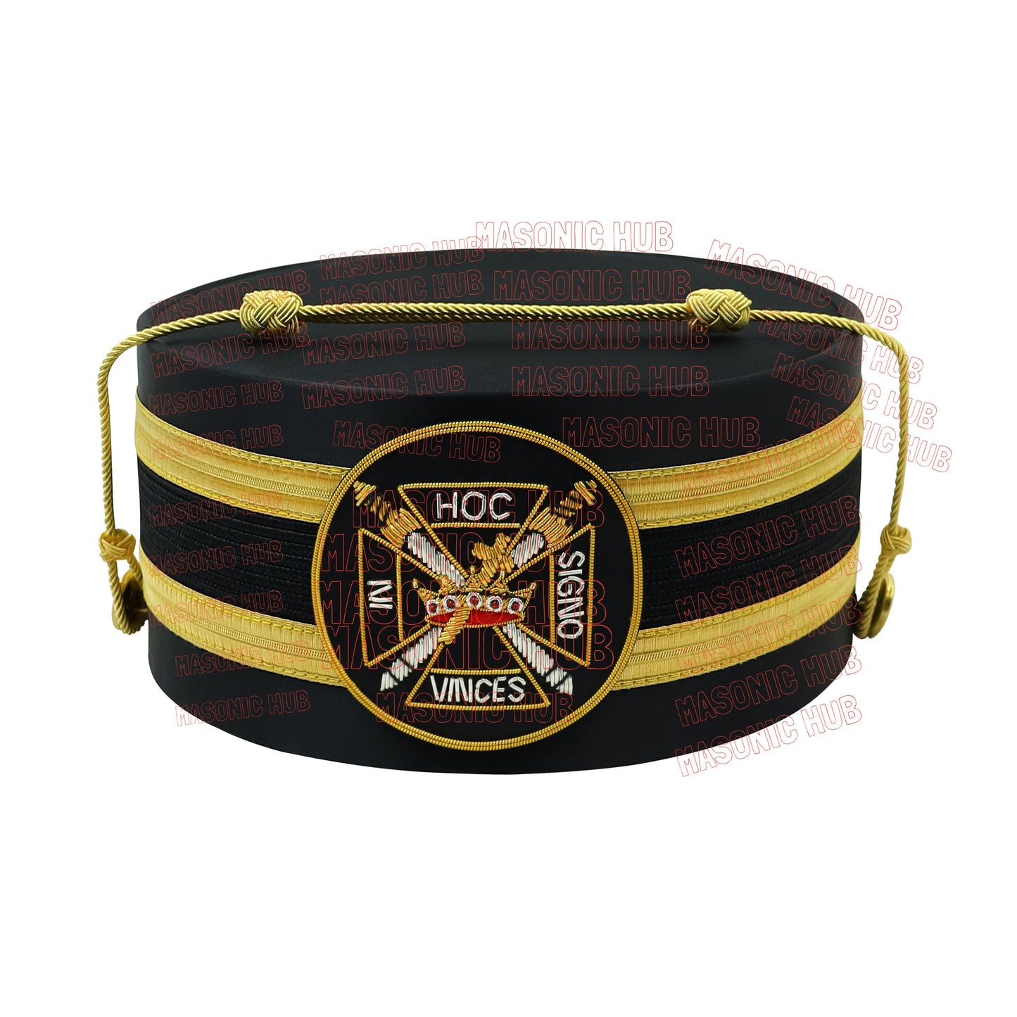 Knights Templar Black Satin Cap with Gold Braid - Masonic Freemason Hat ( A )