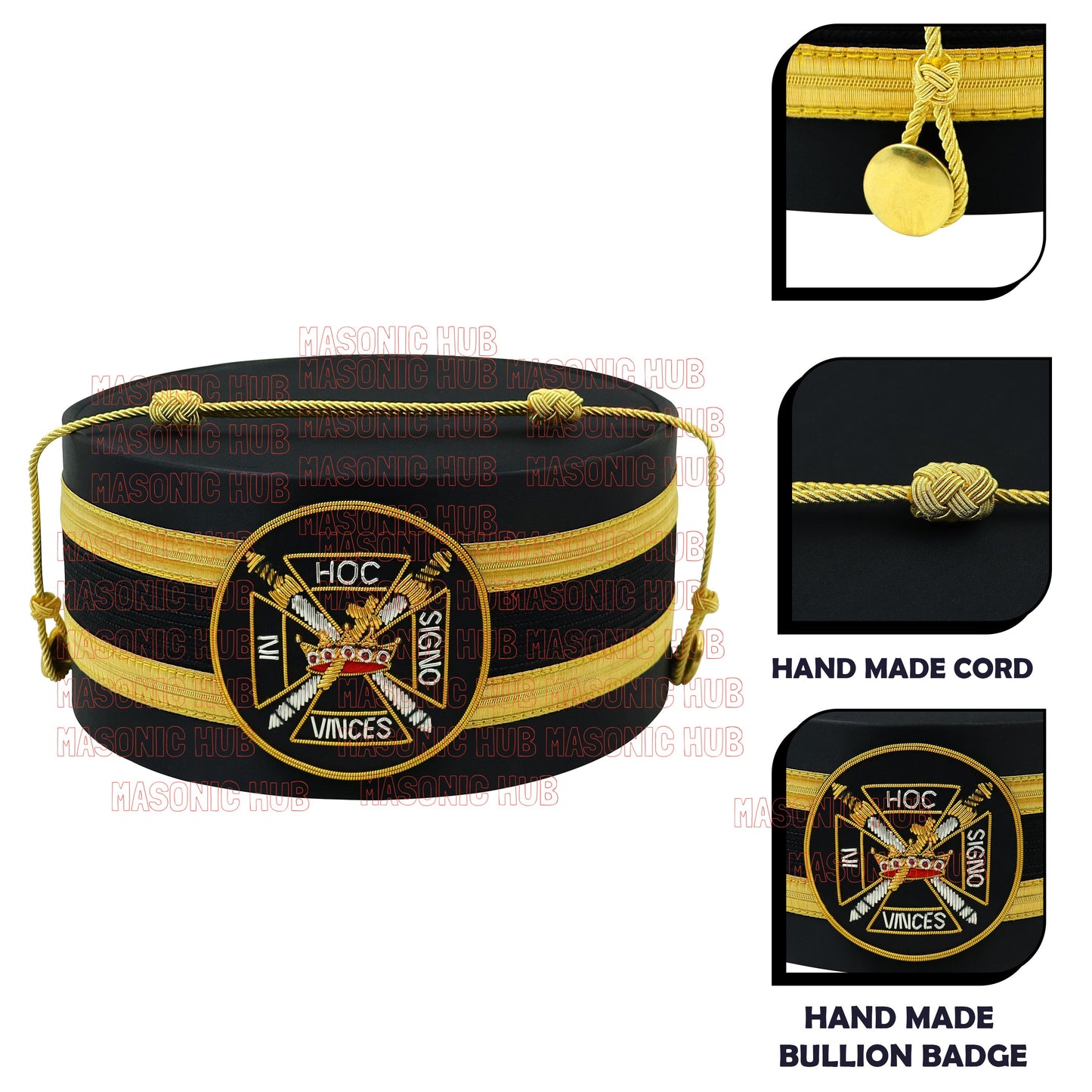 Knights Templar Black Satin Cap with Gold Braid - Masonic Freemason Hat ( A )