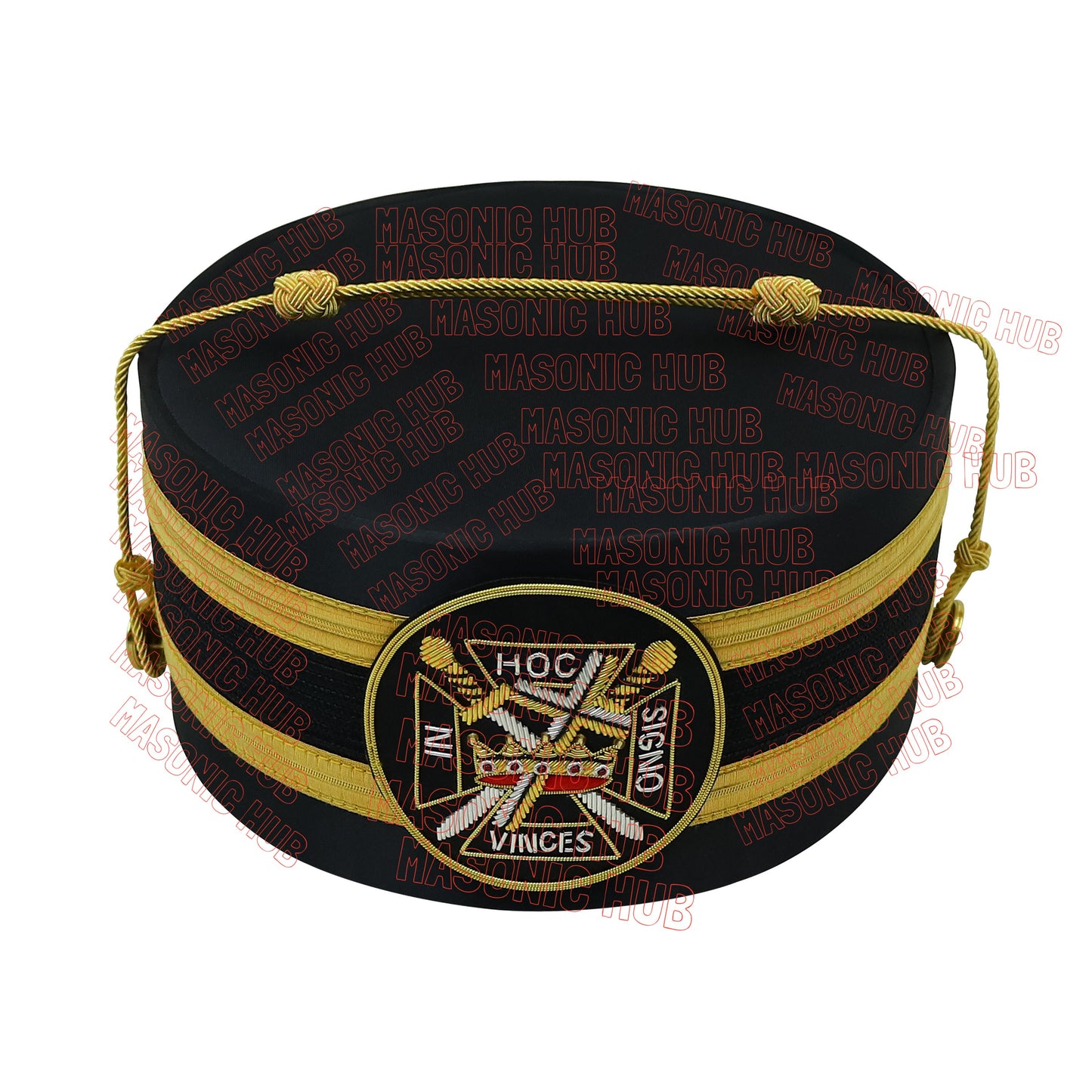 Knights Templar Black Satin Cap with Gold Braid - Masonic Freemason Hat ( B )