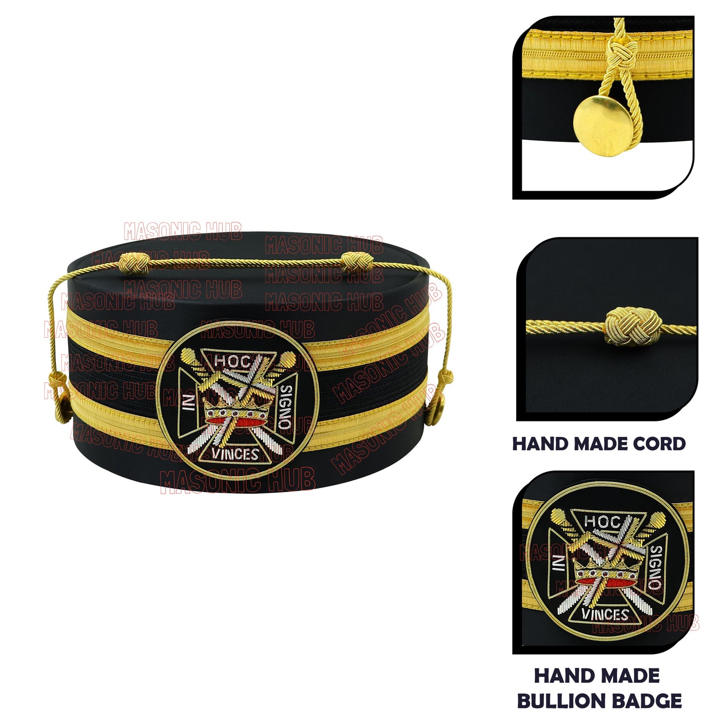 Knights Templar Black Satin Cap with Gold Braid - Masonic Freemason Hat ( B )