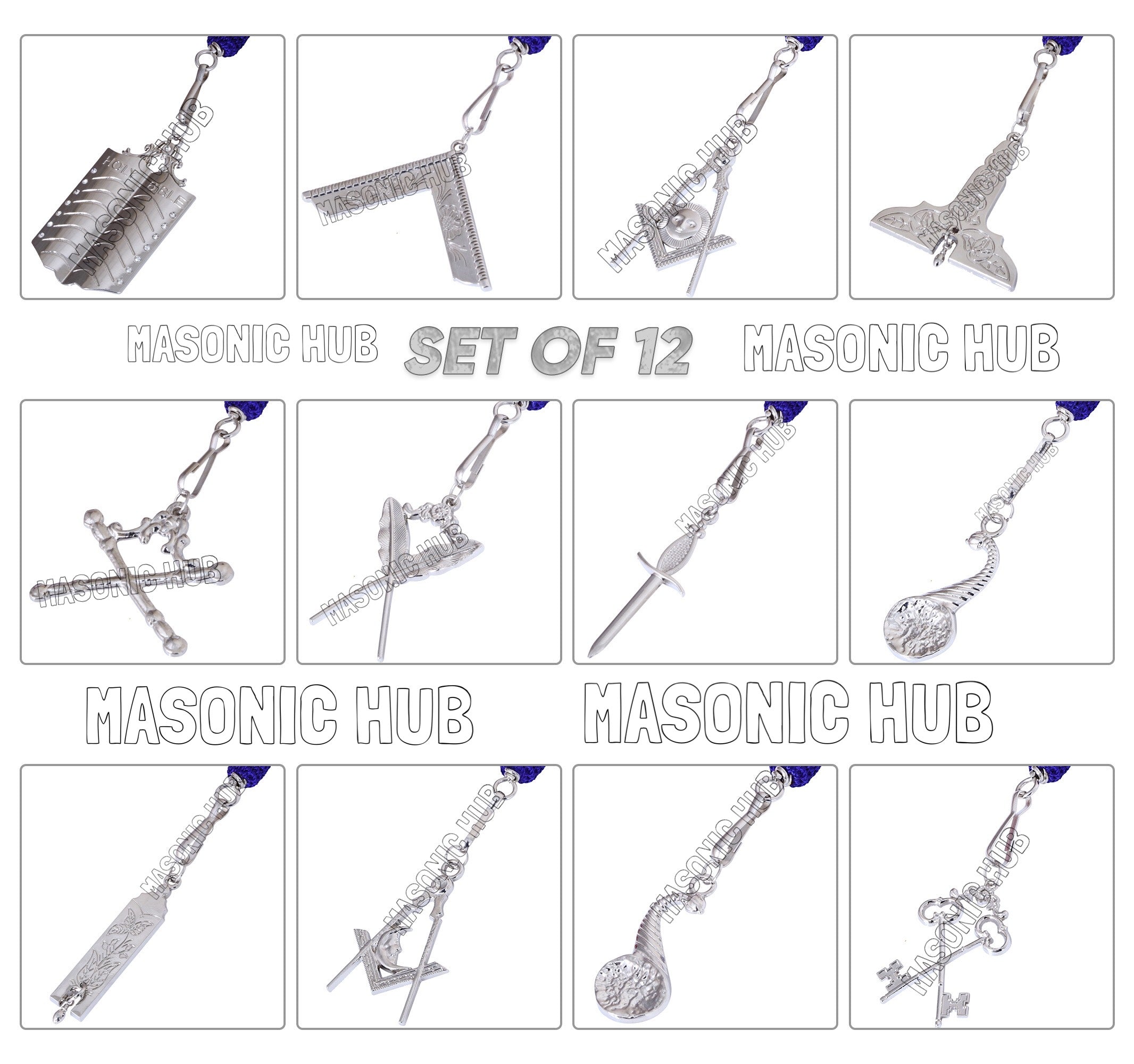 Masonic Master Mason Blue Lodge Jewel Neck Cord with 12 Silver Jewels – Regalia Set Masonic Hub