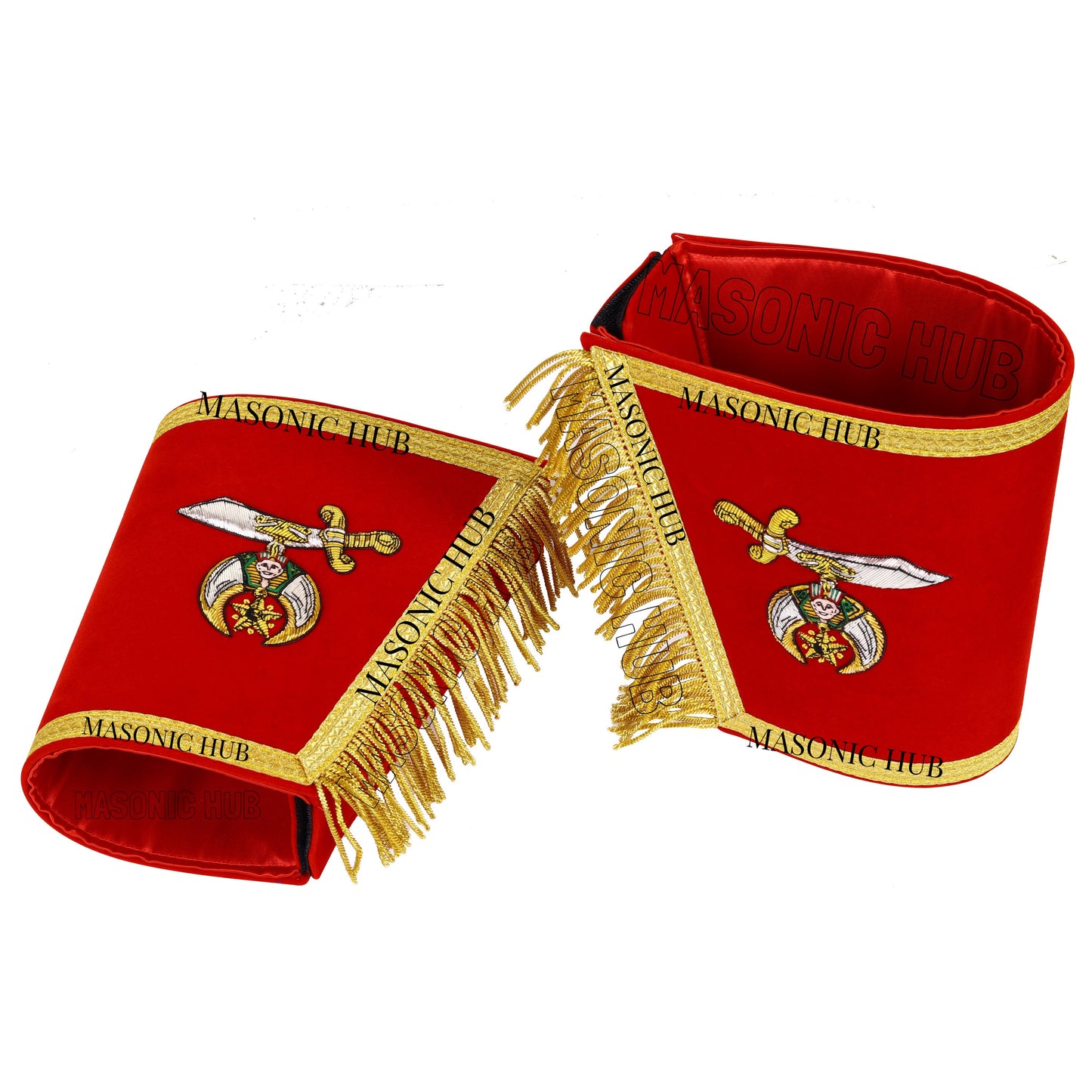 MASONIC SHRINER RED GAUNTLETS CUFFS SHRINERS BULLION HAND EMBROIDERED FRINGE SET