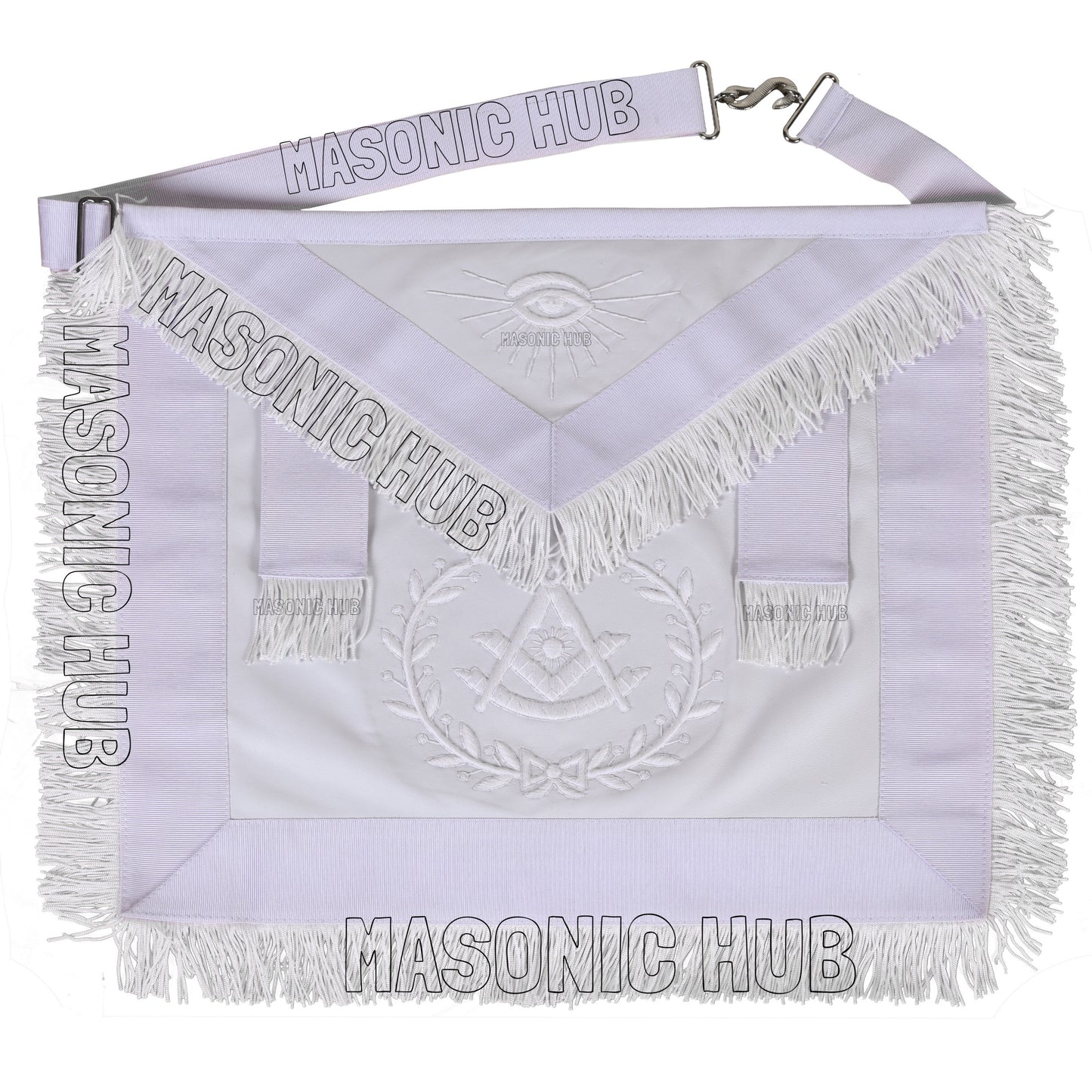 Masonic Past Master Sheepskin Apron - All White, Hand-Embroidered with Wreath