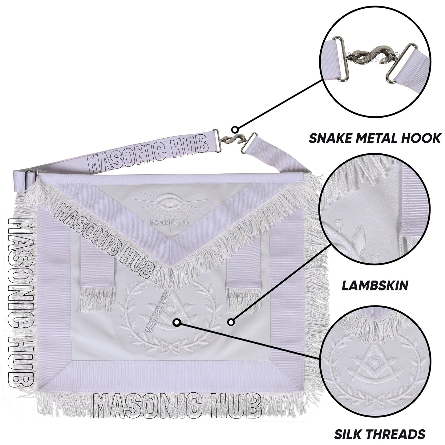 Masonic Past Master Sheepskin Apron - All White, Hand-Embroidered with Wreath