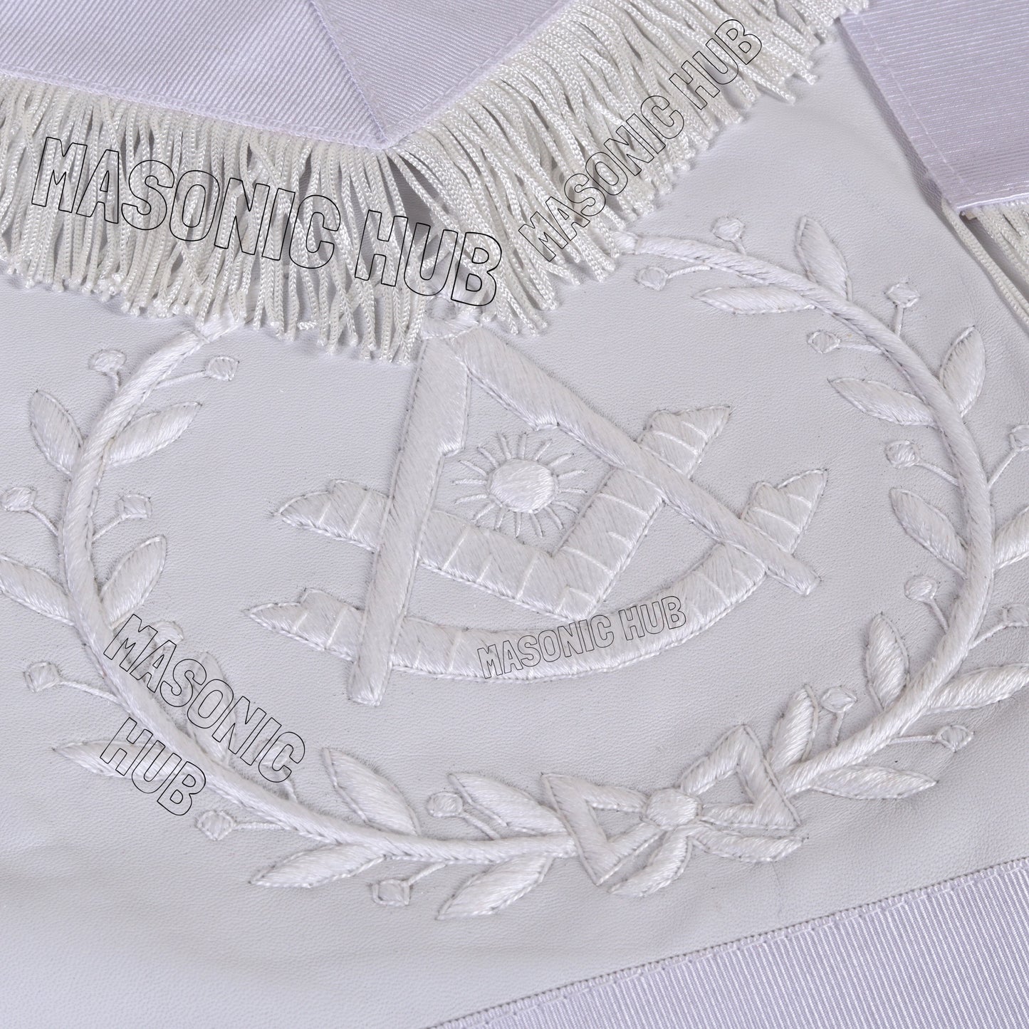 Masonic Past Master Sheepskin Apron - All White, Hand-Embroidered with Wreath