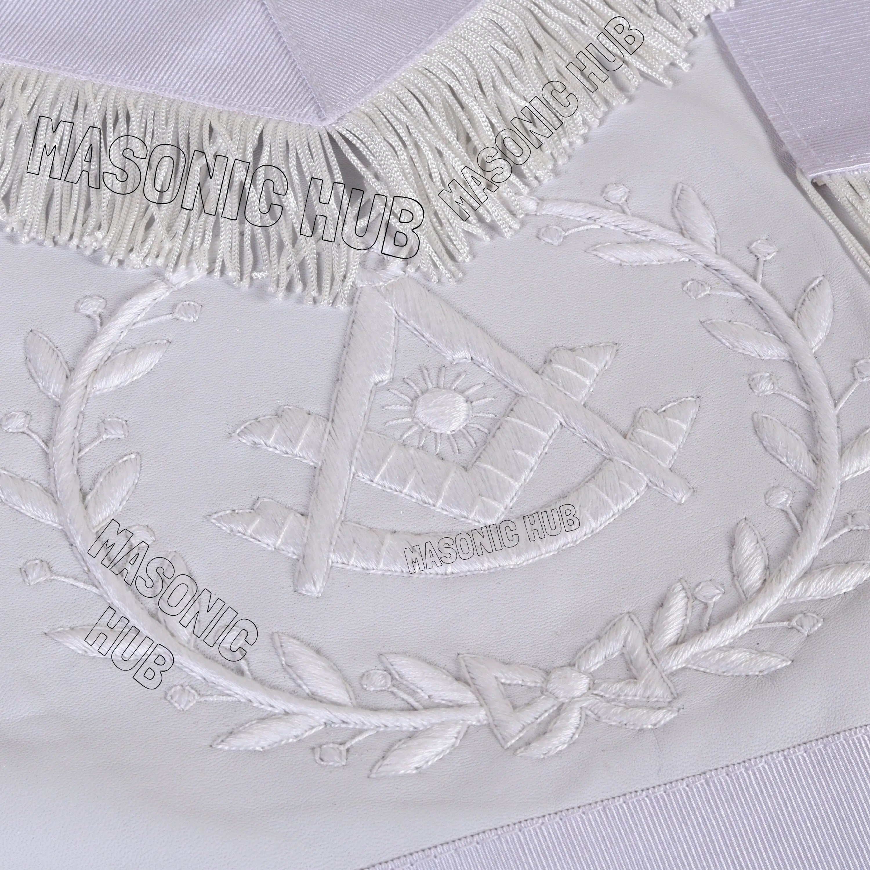 Masonic Past Master Sheepskin Apron - All White, Hand-Embroidered with Wreath Masonic Hub
