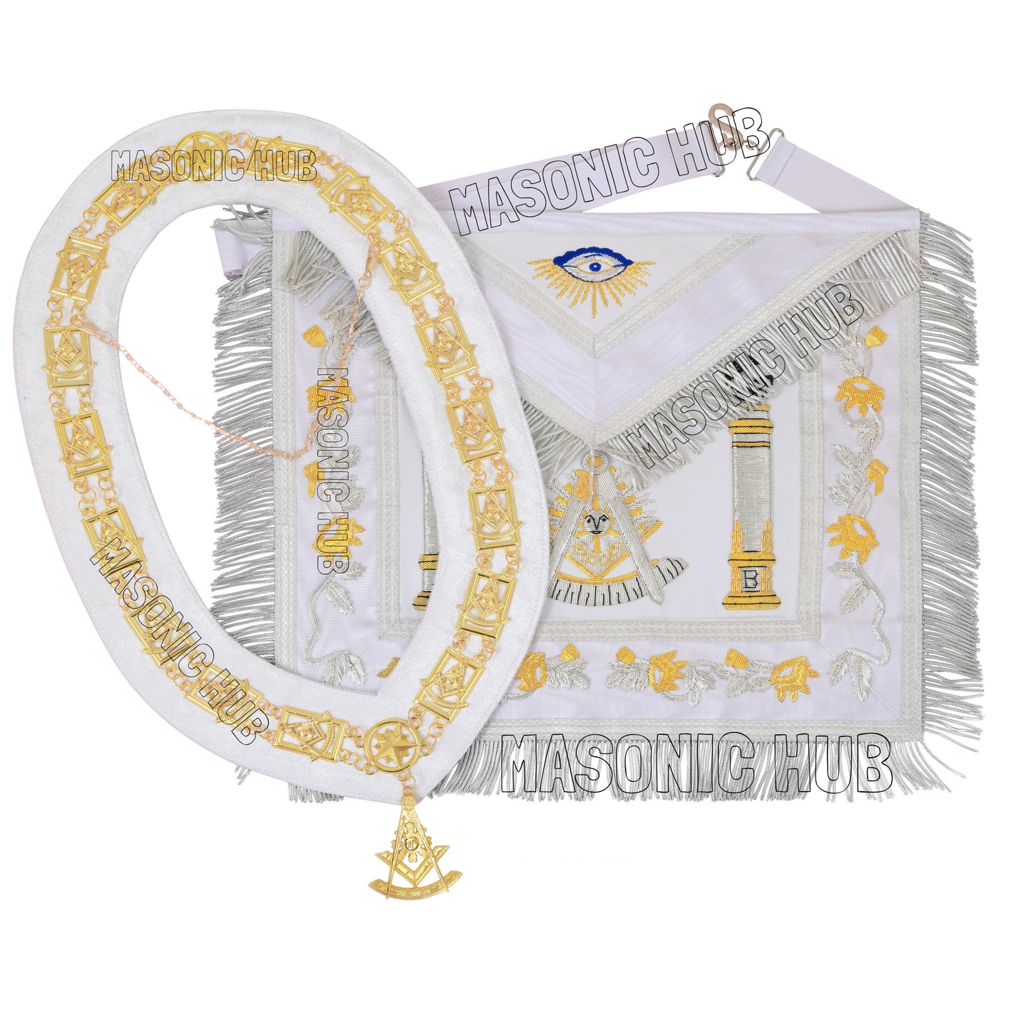 MASONIC REGALIA PAST MASTER SHEEP APRON ALL WHITE HAND EMBROIDERED +CHAIN COLLAR WITH JEWEL
