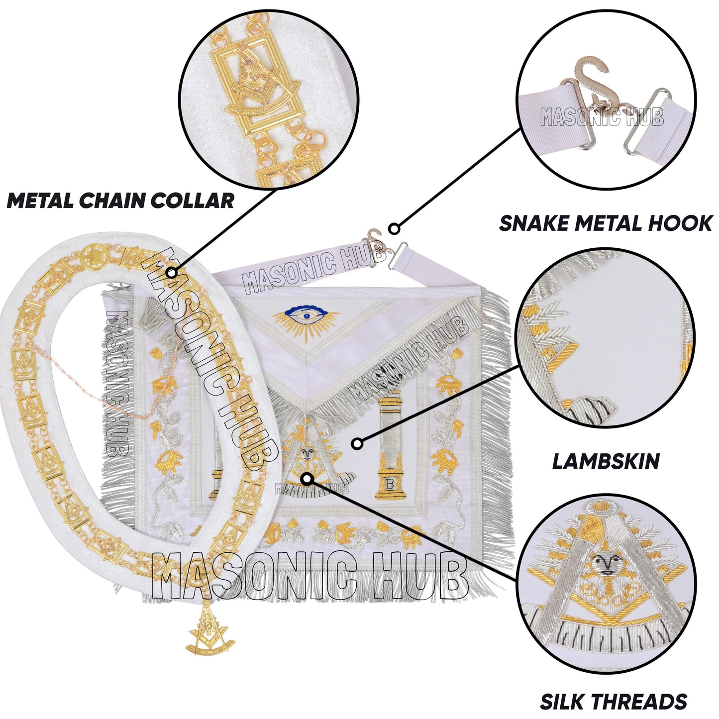 MASONIC REGALIA PAST MASTER SHEEP APRON ALL WHITE HAND EMBROIDERED +CHAIN COLLAR WITH JEWEL