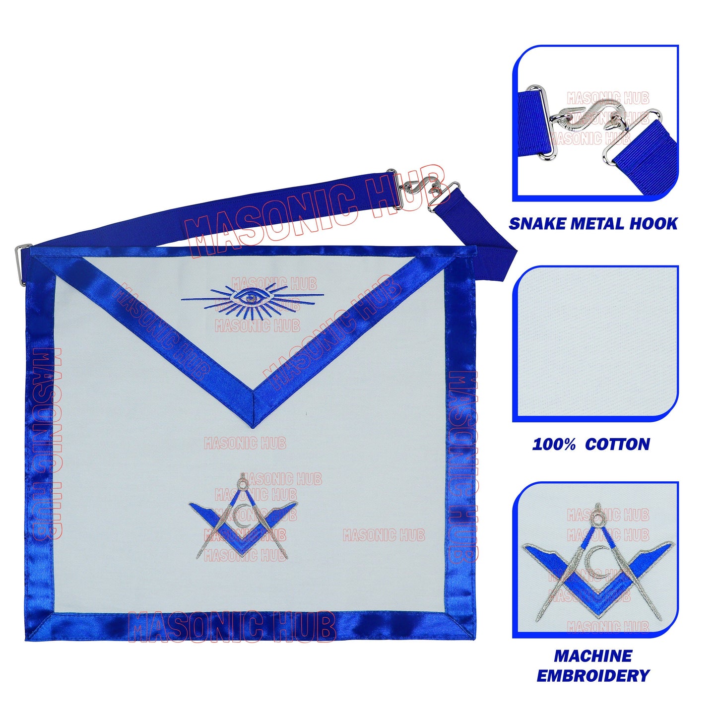 Masonic Regalia Jr. Deacon Cotton Apron - Blue Silk Trim, Machine Embroidery