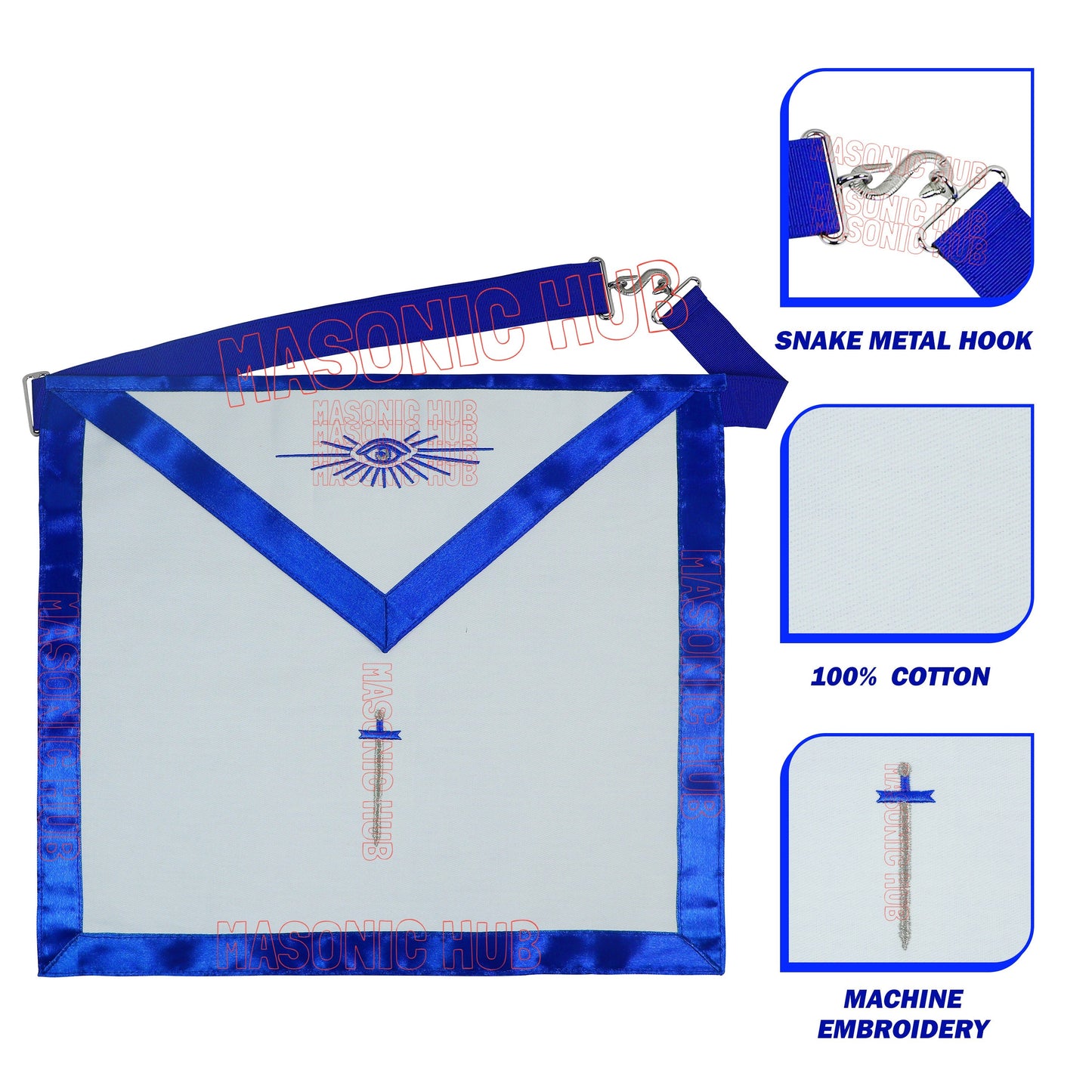 Masonic Regalia Blue Lodge TYLER Cotton Apron - Embroidered Logo, Blue Silk Trim