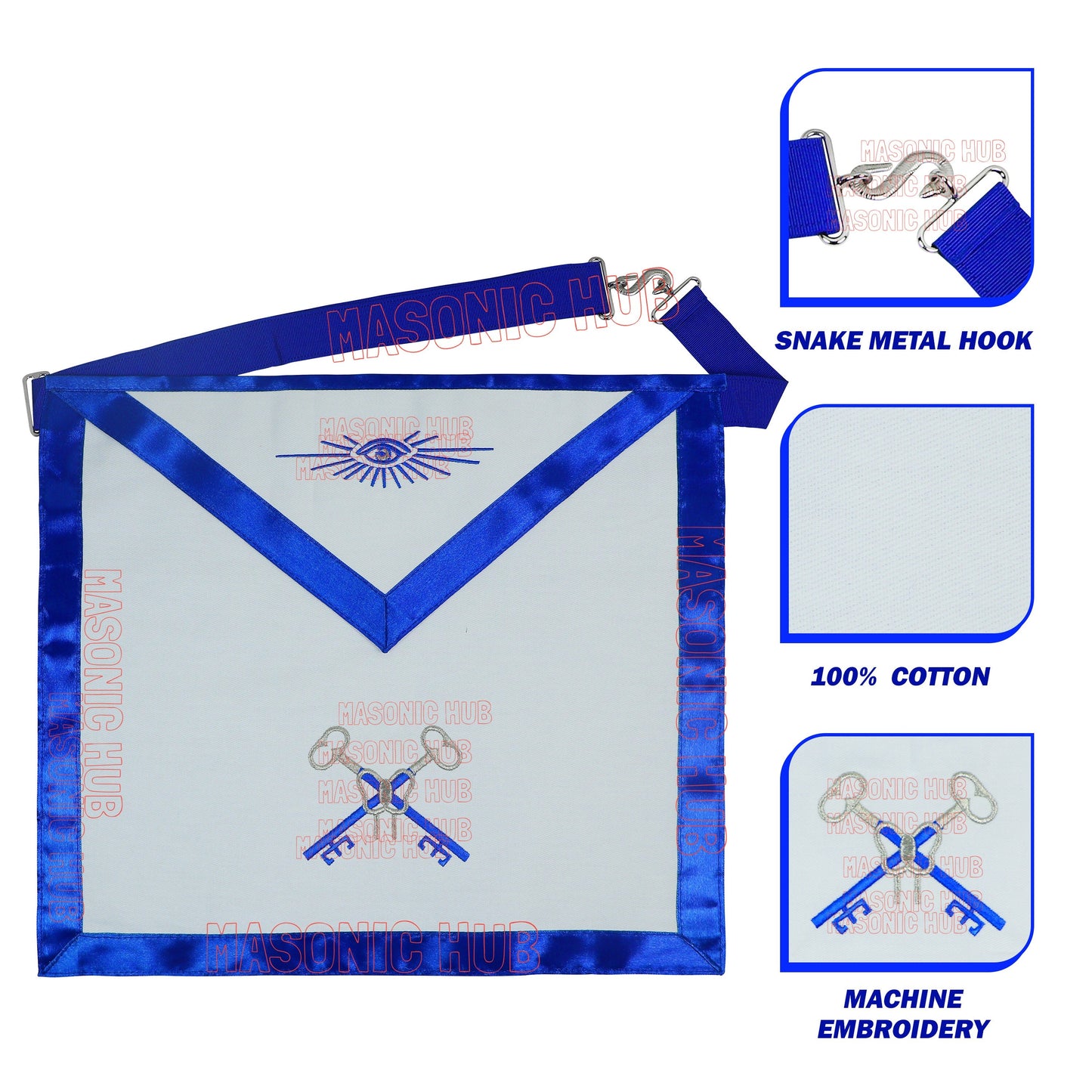 Treasurer Masonic Cotton Apron - Freemason Blue Lodge Regalia, Adjustable Belt