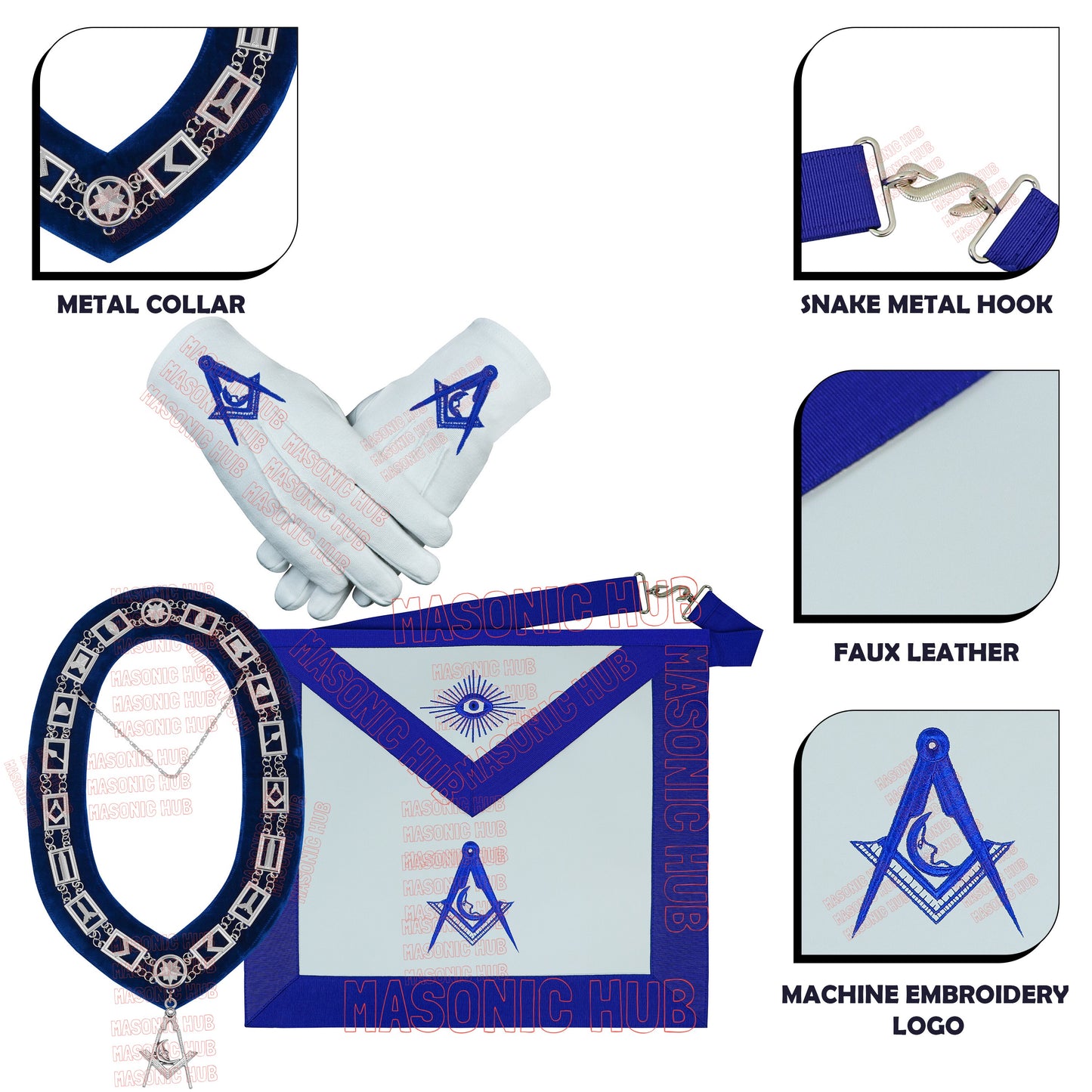 Masonic Blue Lodge Junior Deacon Apron Set – Includes Chain Collar & Cotton Gloves