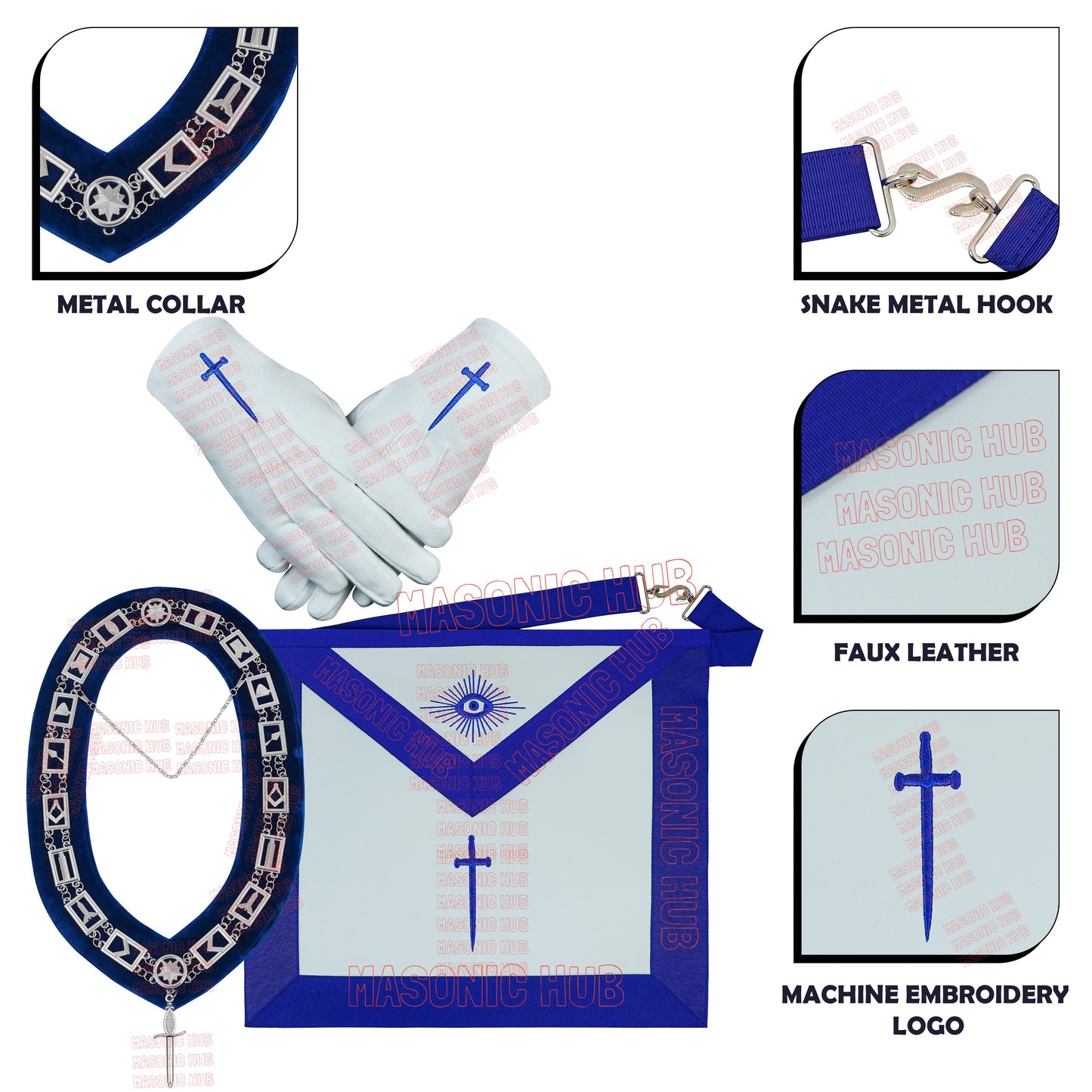 Masonic Blue Lodge Tyler Apron Set – Includes Chain Collar & Cotton Gloves