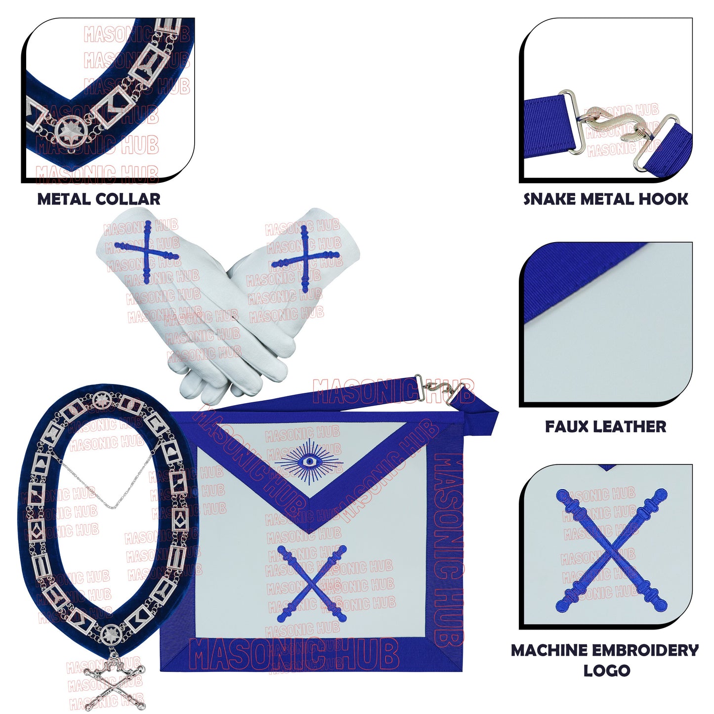 Masonic Blue Lodge Marshal Apron Set – Includes Chain Collar & Cotton Gloves