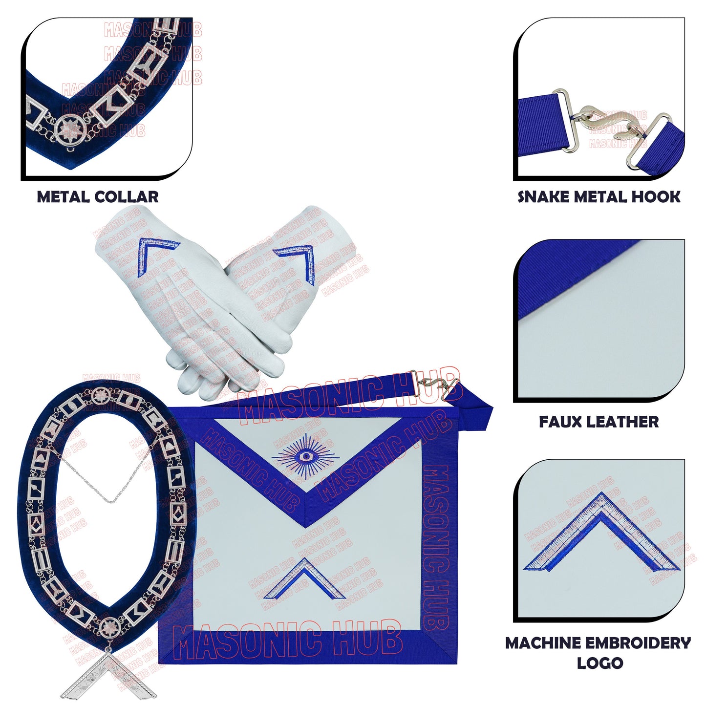 Masonic Blue Lodge Worshipful Master Apron Set with Chain Collar & Gloves – Officer Regalia