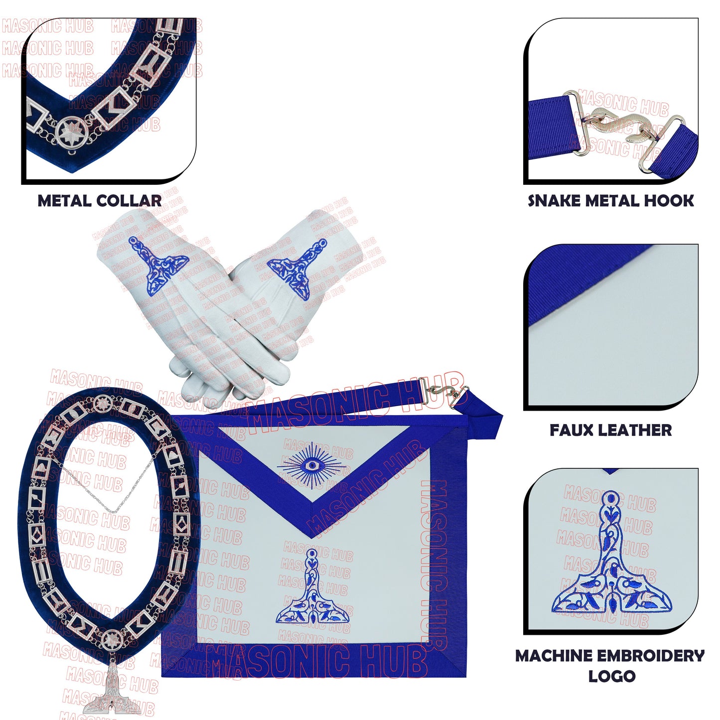 Masonic Blue Lodge Senior Warden Apron Set with Chain Collar & Gloves – Officer Regalia