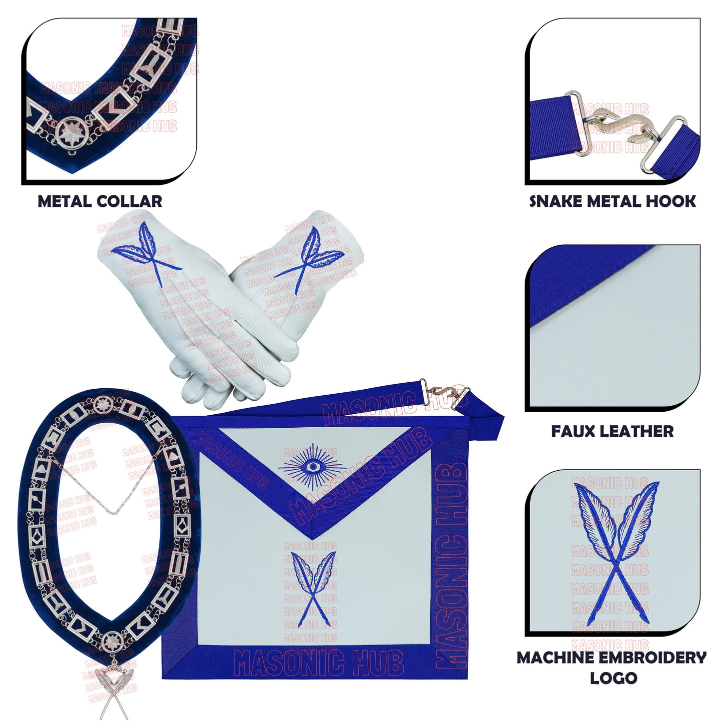 Masonic Blue Lodge Secretary Apron Set with Chain Collar & Gloves – Officer Regalia