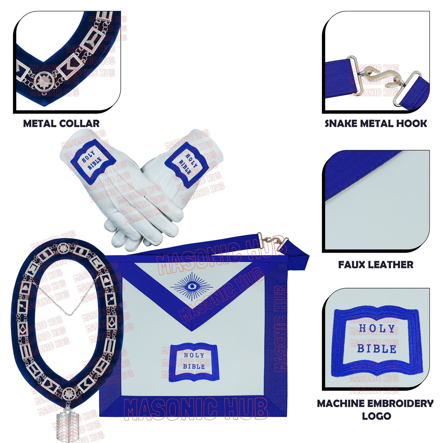 Masonic Blue Lodge Chaplain Apron Set with Chain Collar & Gloves – Officer Regalia