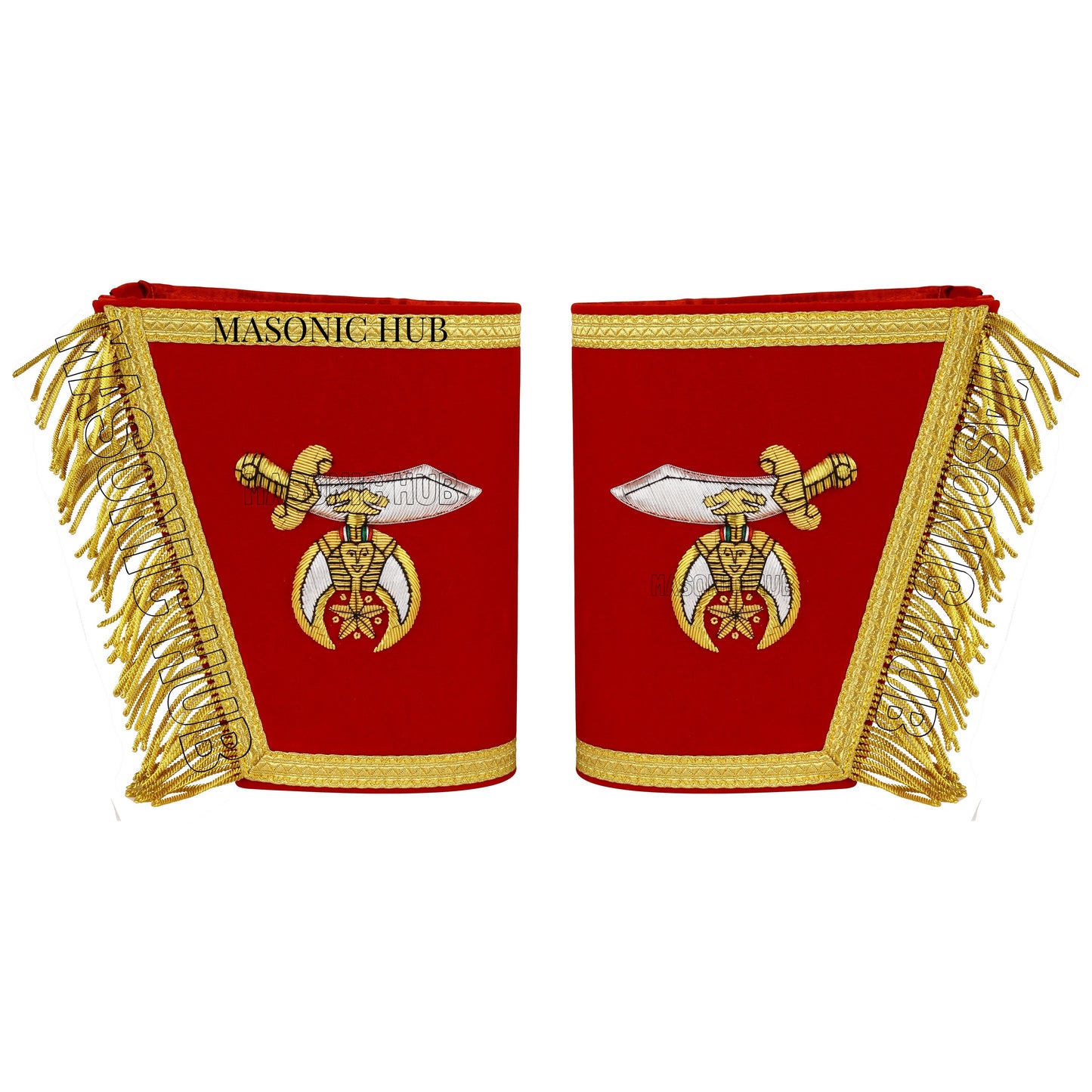Masonic Shriner Red Gauntlets Cuffs – Hand-Embroidered Bullion Fringe Set