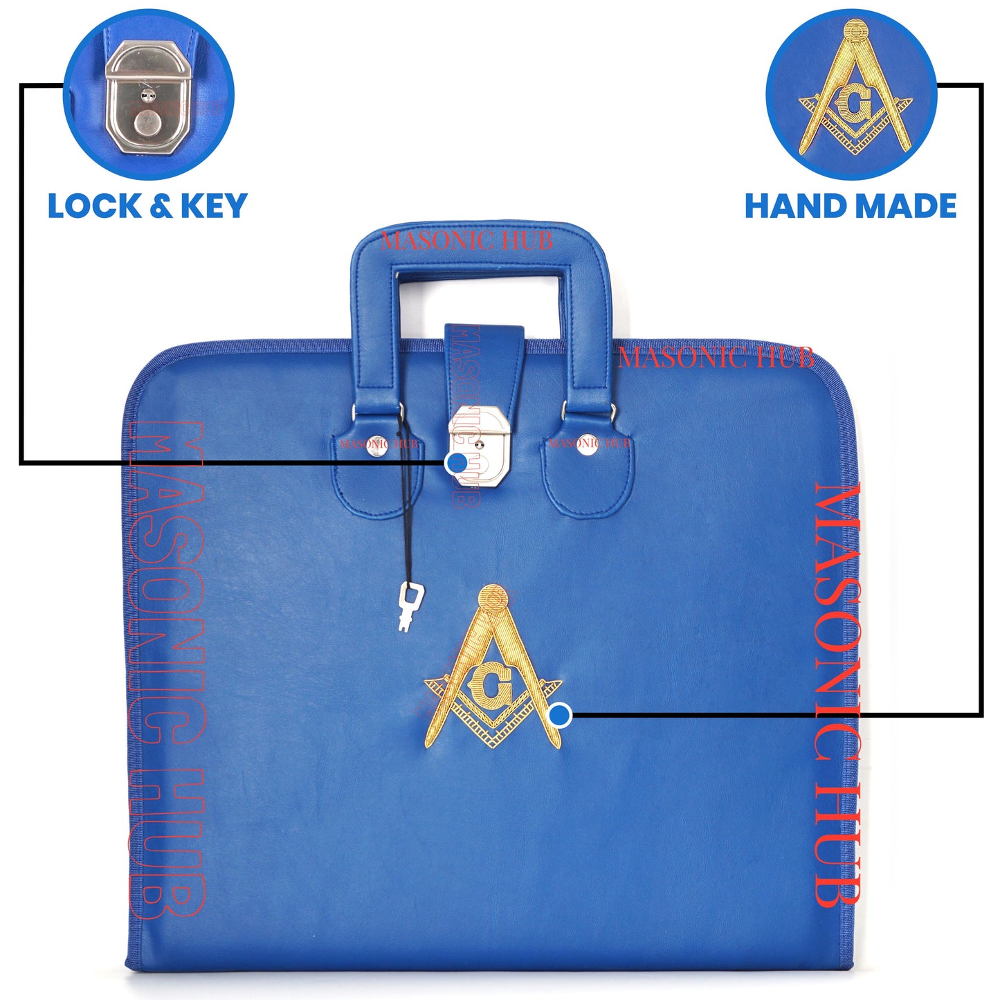 Masonic Hand-Embroidered Square & Compass Apron Case with Handle – Blue