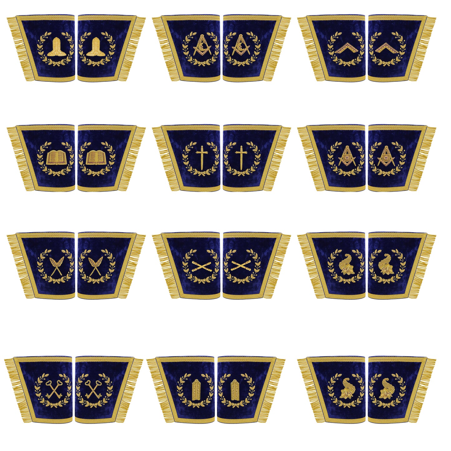 Grand Lodge Officer Aprons Set of 12 – Freemason Lambskin Regalia with Gold Bullion Hand Embroidery, Chain Collars, Jewels & Cuffs