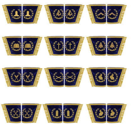 Grand Lodge Officer Aprons Set of 12 – Freemason Lambskin Regalia with Gold Bullion Hand Embroidery, Chain Collars, Jewels & Cuffs