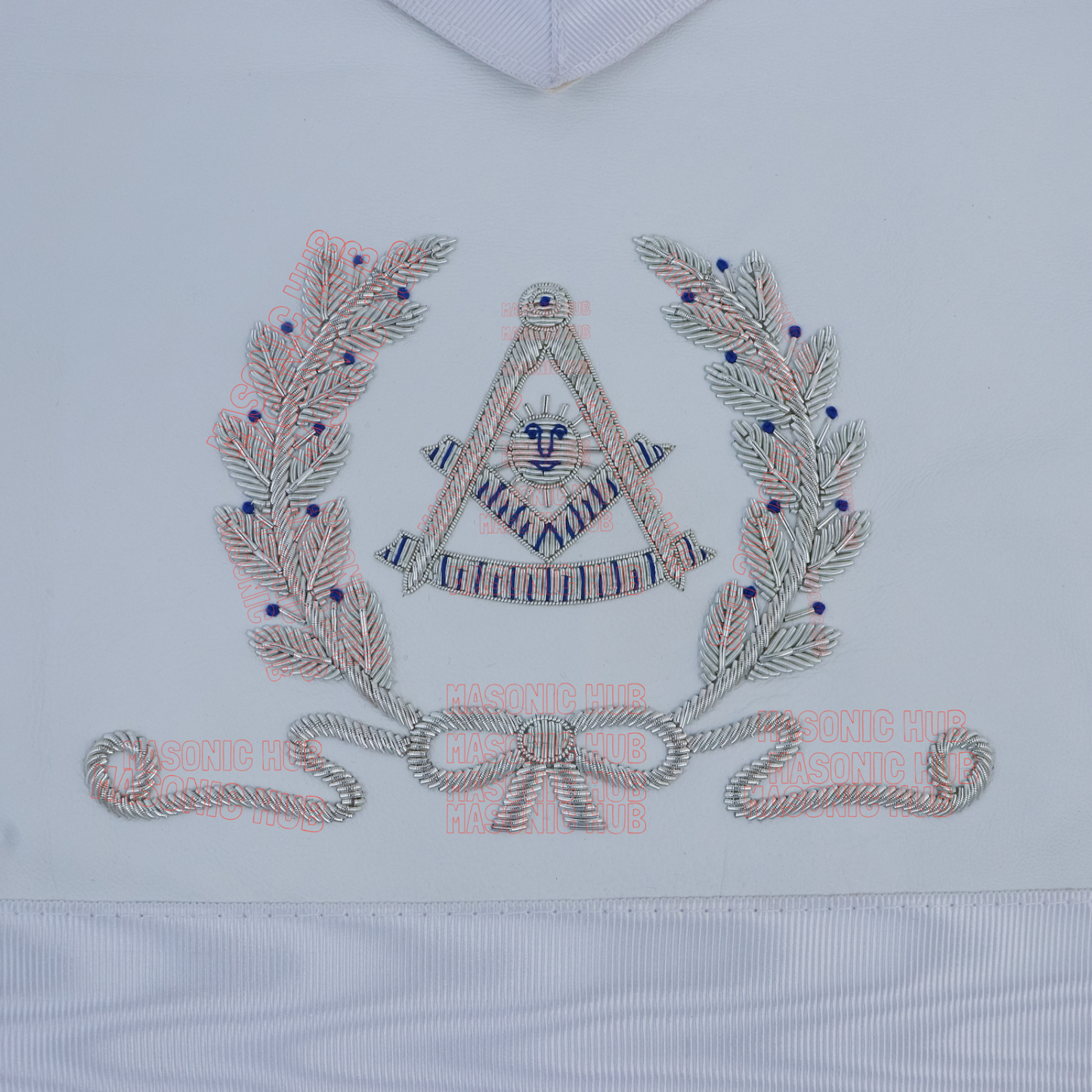 Masonic Past Master Lambskin Apron with Silver Bullion & Wreath Embroidery
