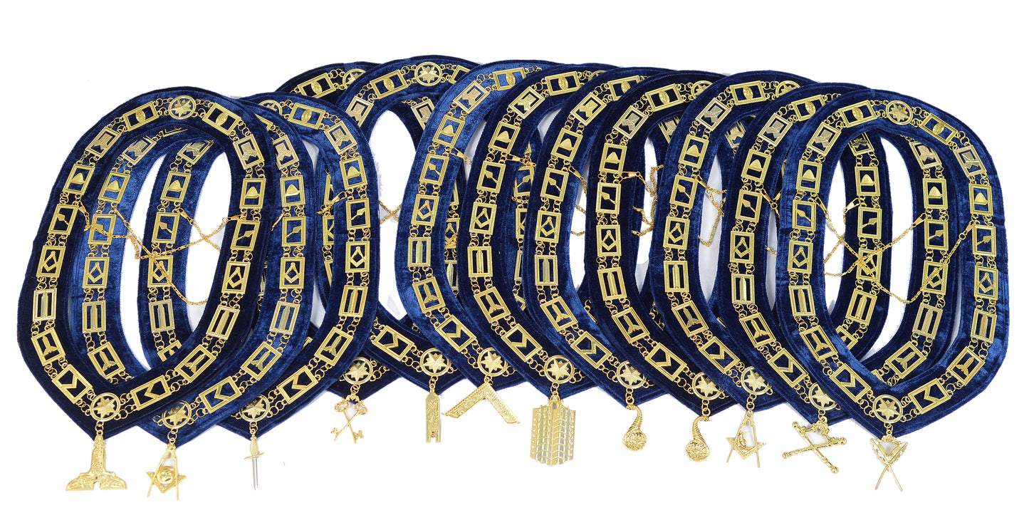 Masonic Blue Lodge Officer Working Tools Set (12) – Chain Collars + FREE Jewels – Complete Regalia Lot