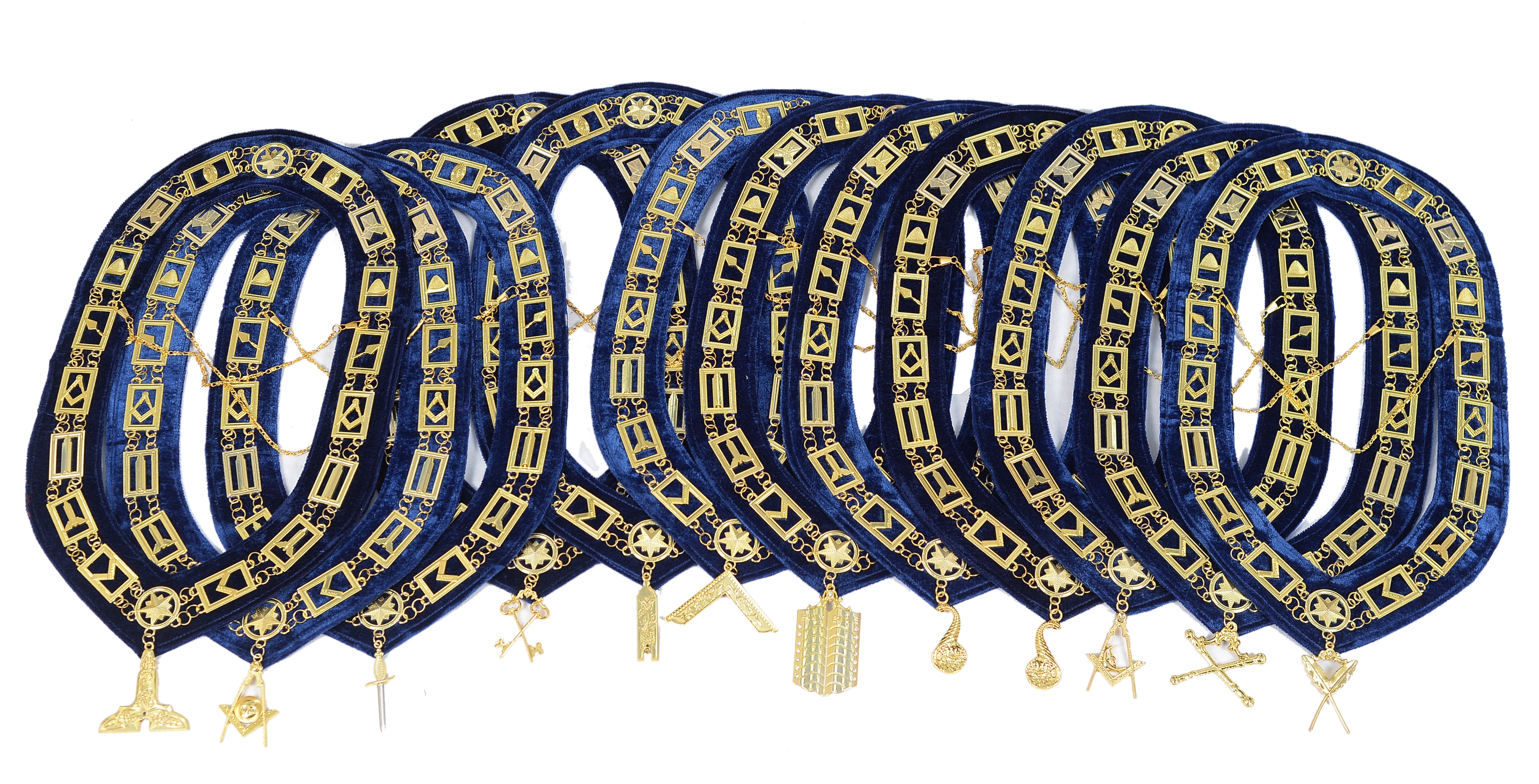 Masonic Blue Lodge Officer Working Tools Set (12) – Chain Collars + FREE Jewels – Complete Regalia Lot
