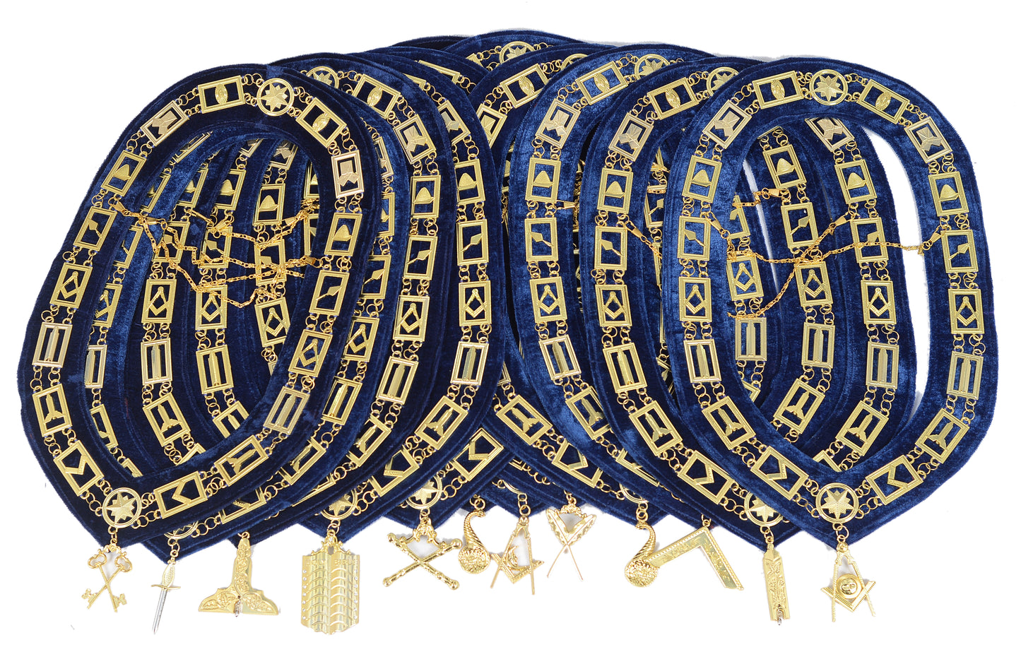 Masonic Blue Lodge Officer Working Tools Set (12) – Chain Collars + FREE Jewels – Complete Regalia Lot