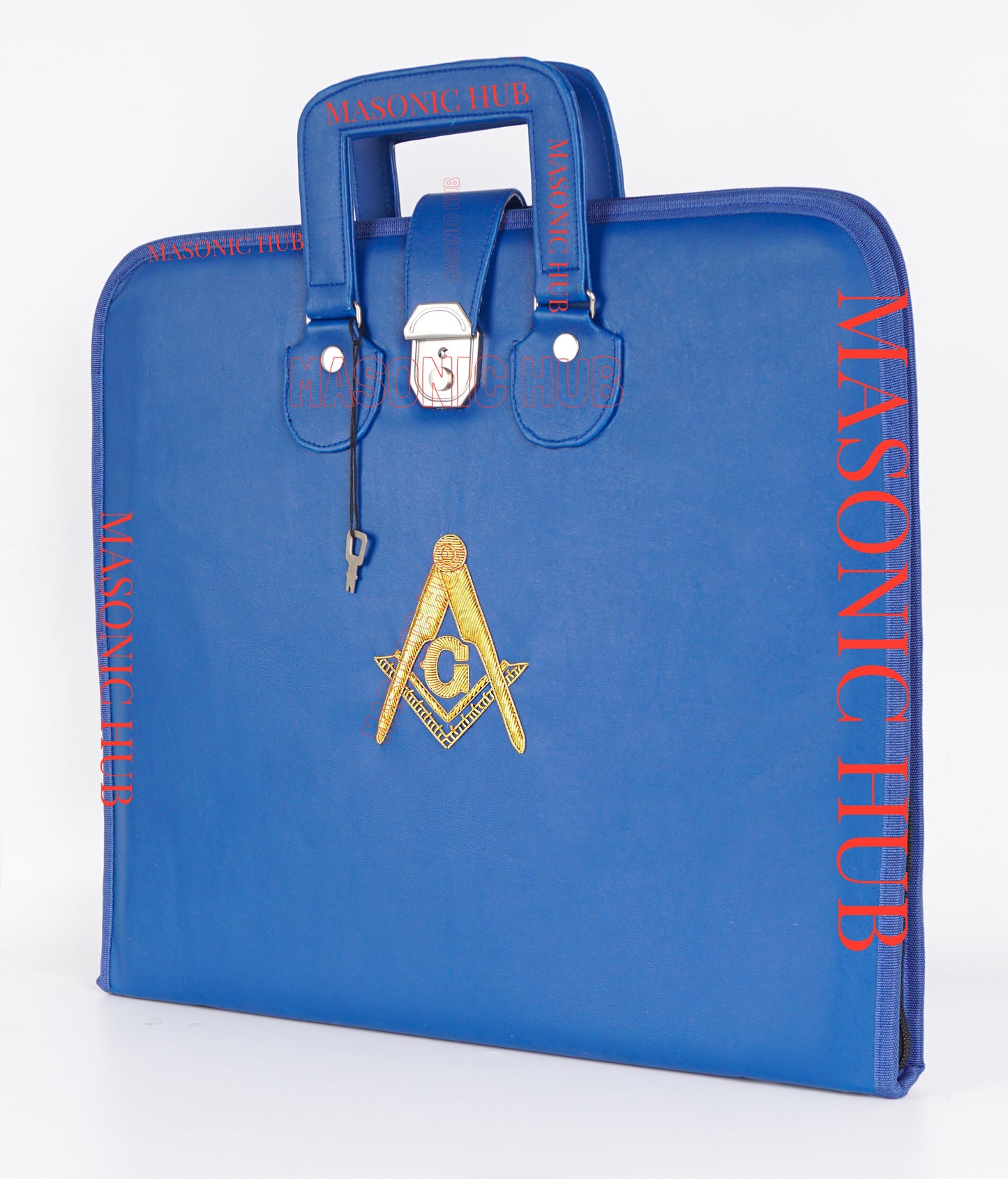 Masonic Hand-Embroidered Square &amp; Compass Apron Case with Handle – Blue