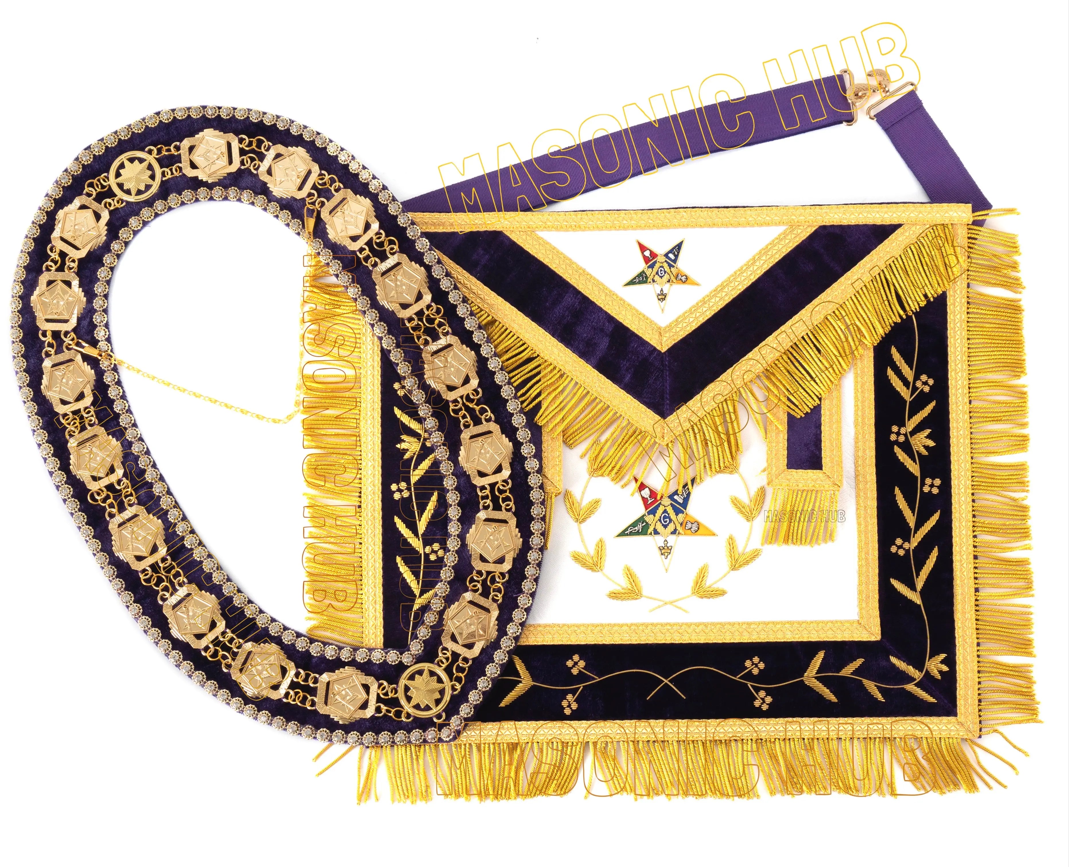 Masonic OES Grand Patron 100% Lambskin Apron – Hand-Embroidered with Chain Collar &amp; Rhinestones Masonic Hub