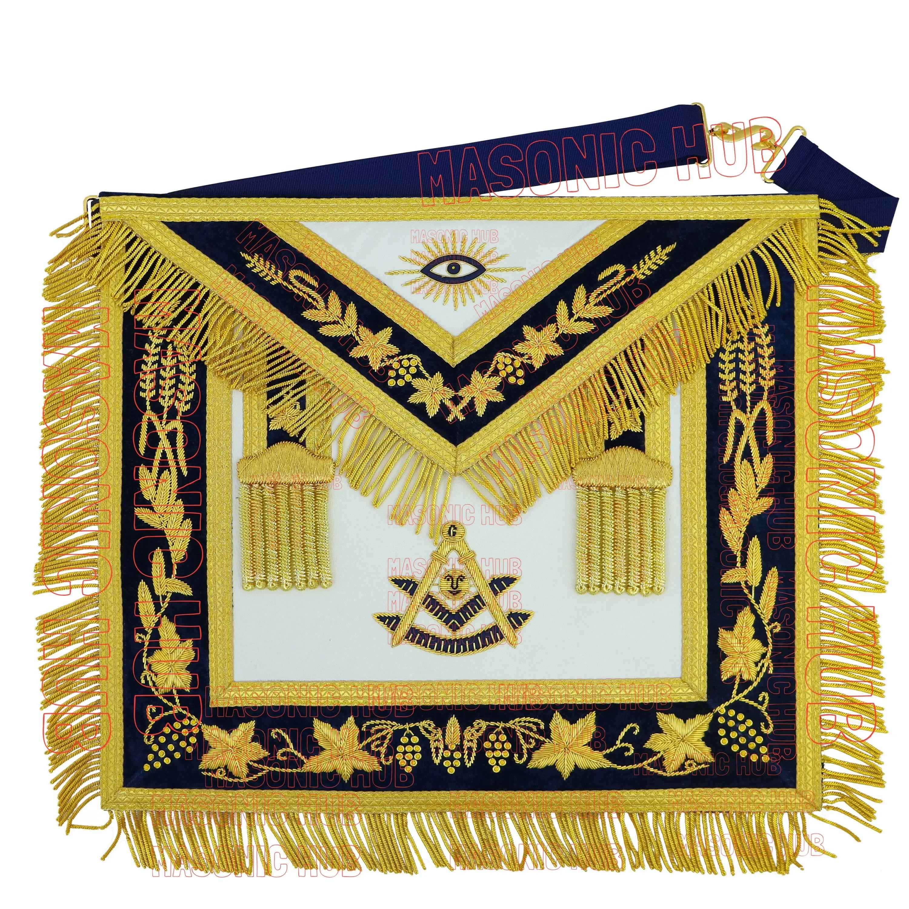 Masonic Past Master Apron Navy Blue - Genuine Lambskin + Chain Collar & Jewel Masonic Hub