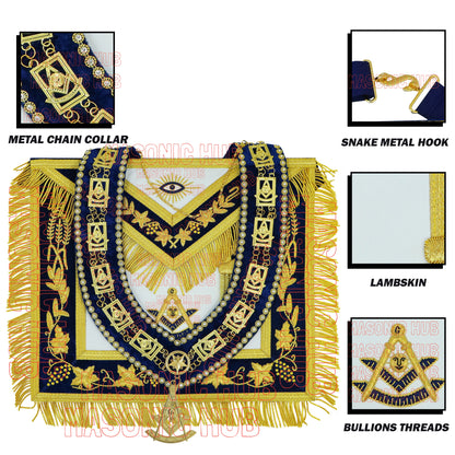 Masonic Past Master Apron Navy Blue - Genuine Lambskin + Chain Collar & Jewel
