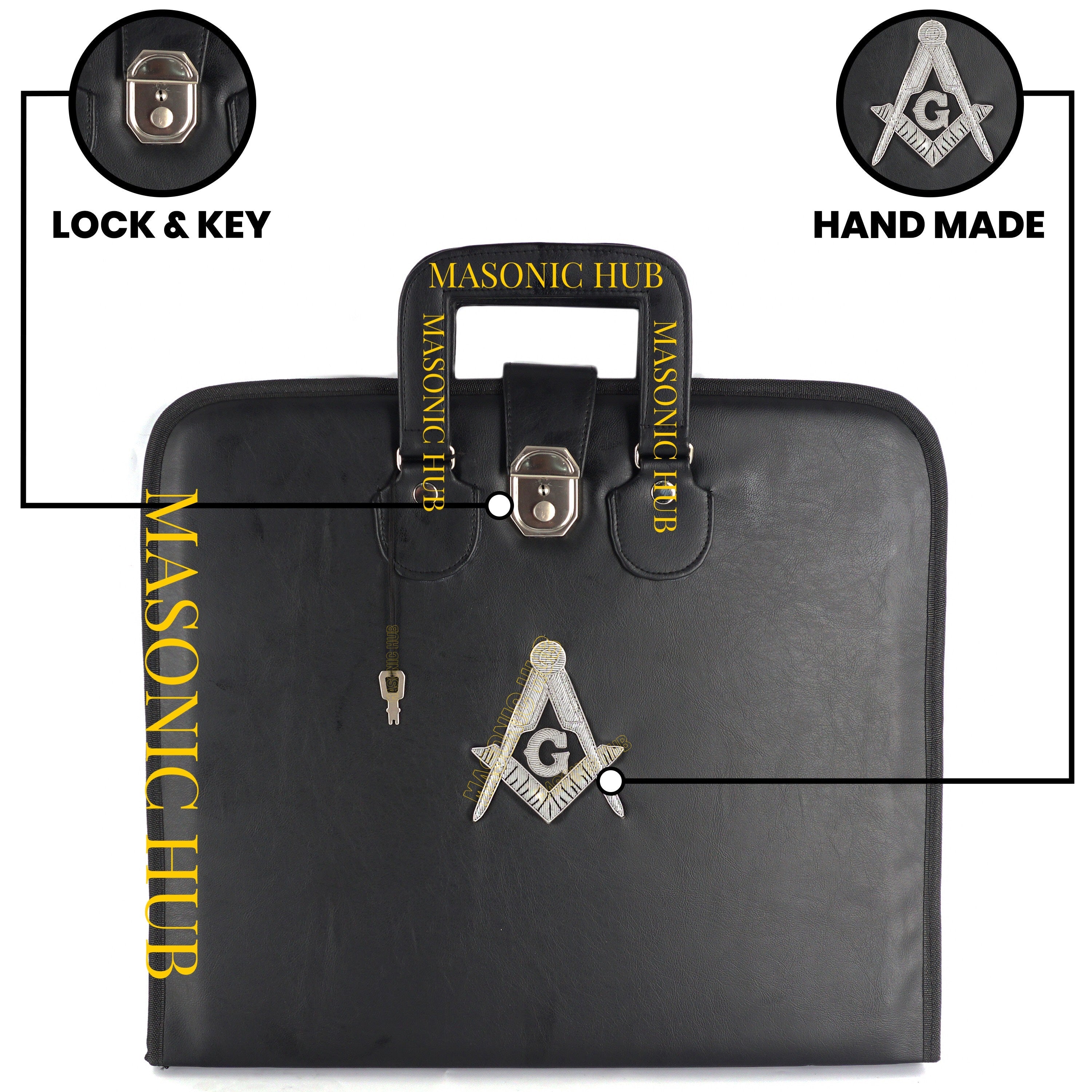 Masonic Hand Embroidered Square & Compass Masonic Apron Case with Handle [BLACK] Masonic Hub