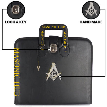 Masonic Hand Embroidered Square & Compass Masonic Apron Case with Handle [BLACK]