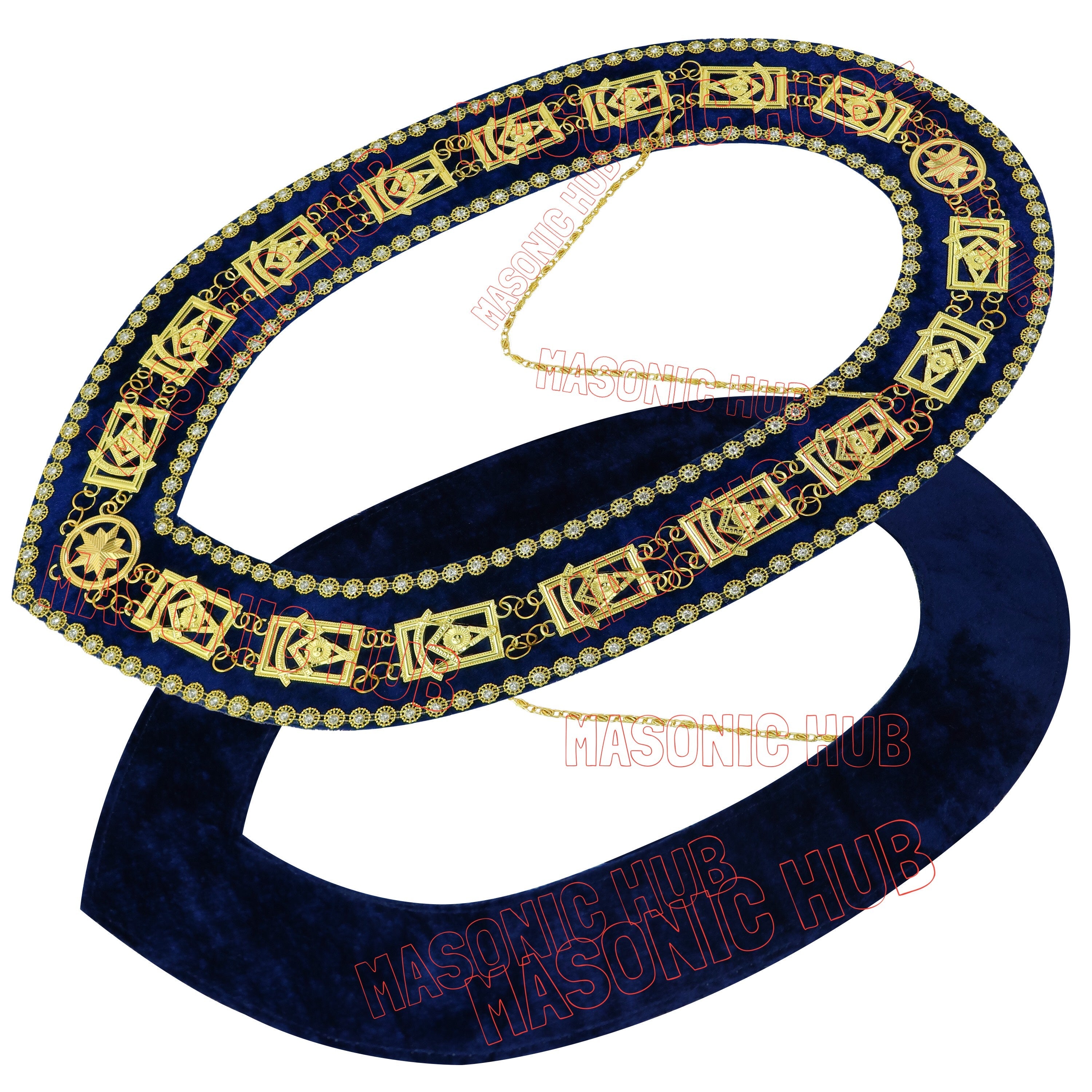 Masonic Past Master Metal Chain Collar Navy Blue Backing With Rhinestones + Free Jewe Masonic Hub