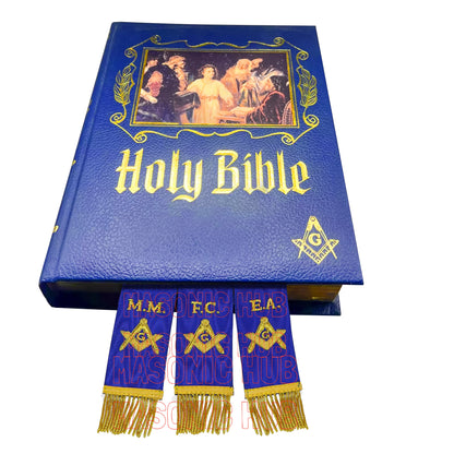 Masonic Bible Markers – Hand-Embroidered Royal Blue Ribbon with Gold Bullion Threads