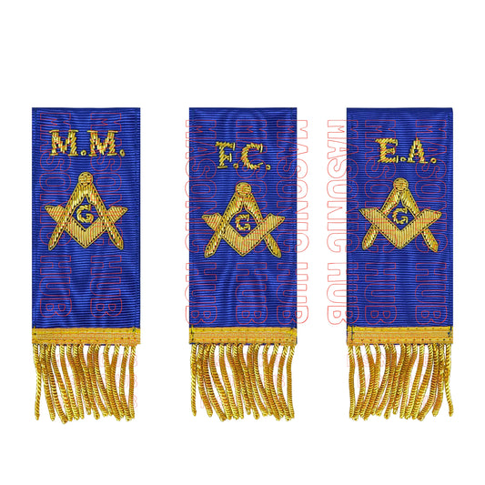 Masonic Bible Markers – Hand-Embroidered Royal Blue Ribbon with Gold Bullion Threads