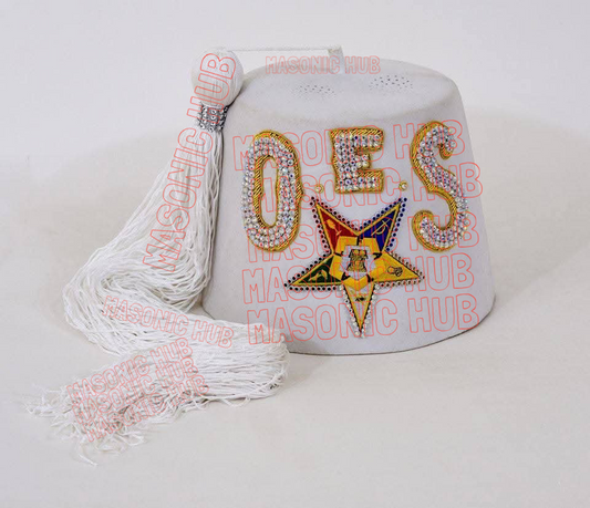 White OES Fez Hat – Order of the Eastern Star Regalia with Rhinestones & Long Tassel – Masonic OES Hat