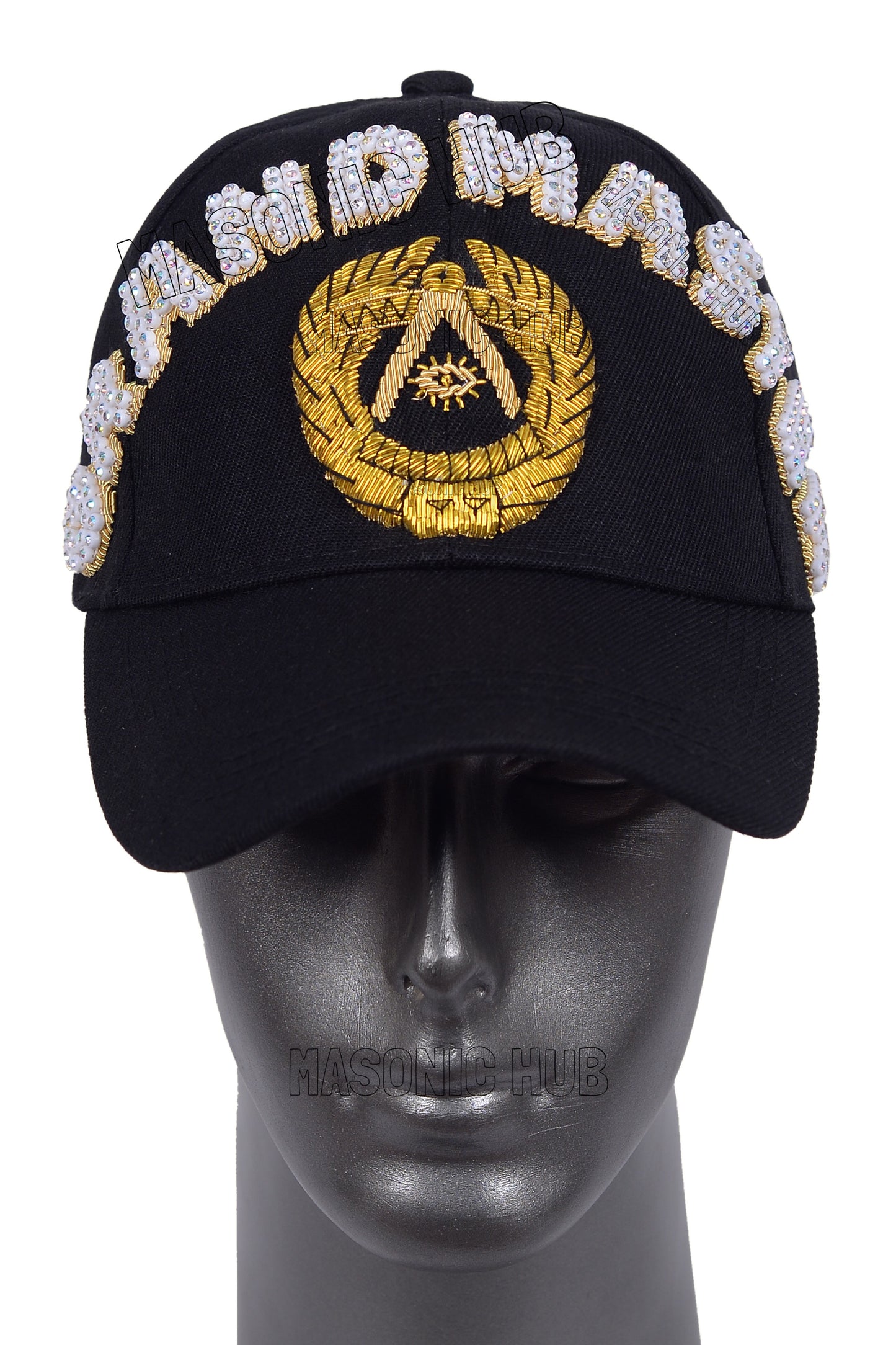 Masonic Grand Master Black Baseball Cap – Handmade with Rhinestones | Freemason Bling Hat