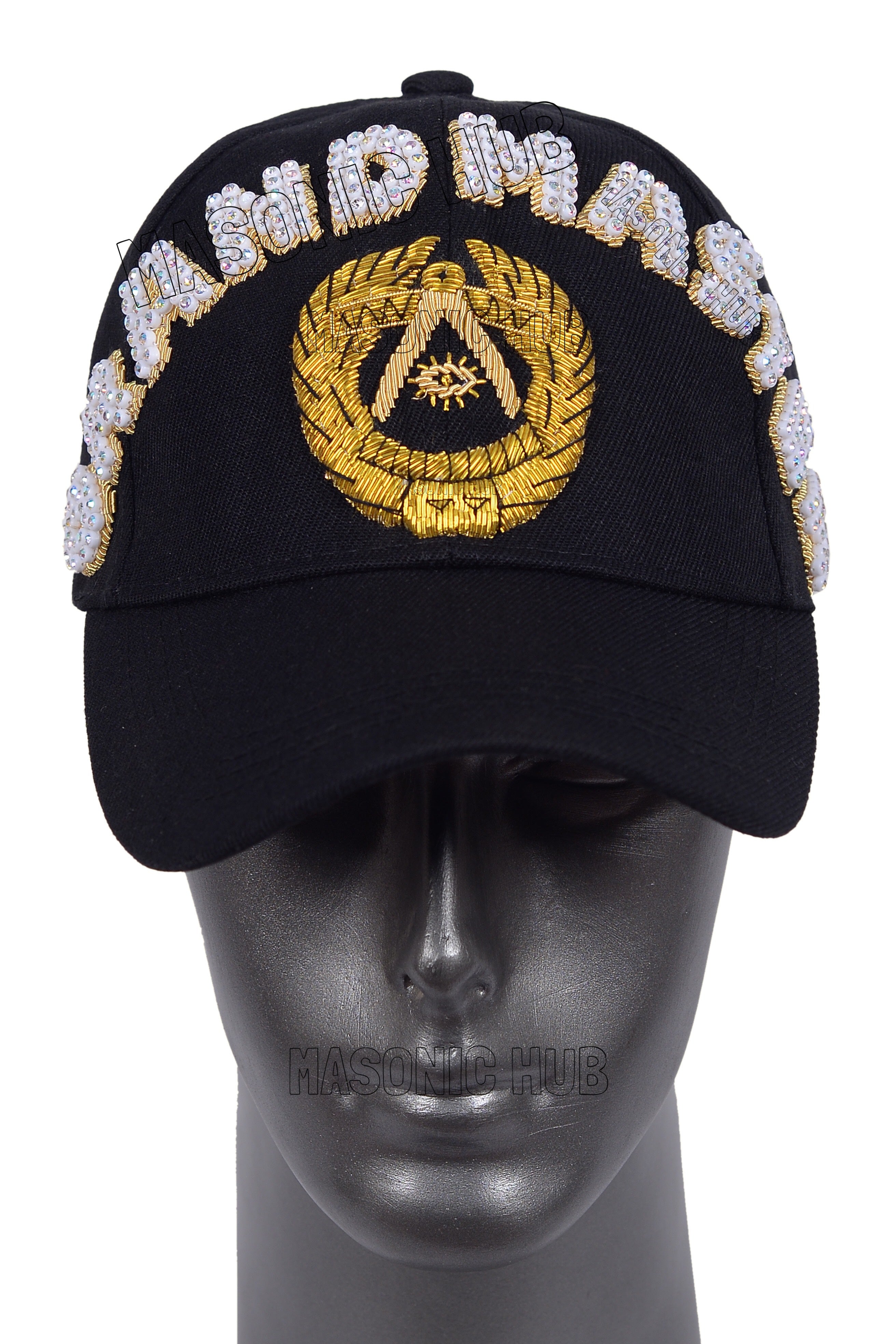 Masonic Grand Master Black Baseball Cap – Handmade with Rhinestones | Freemason Bling Hat