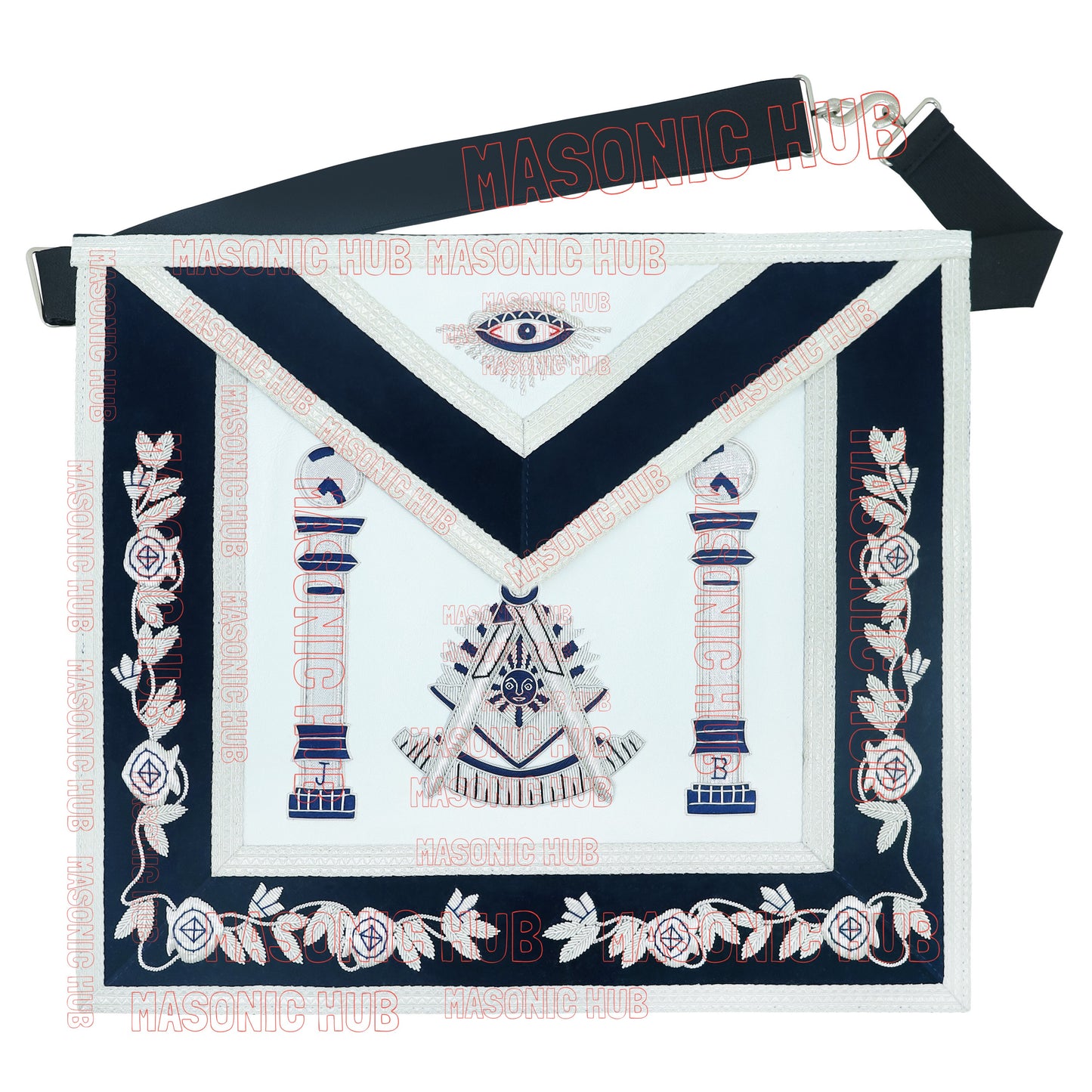 Masonic Past Master Apron | 100% Lambskin | Hand Embroidered Bullion | Navy Blue Velvet Pillar & Sunburst