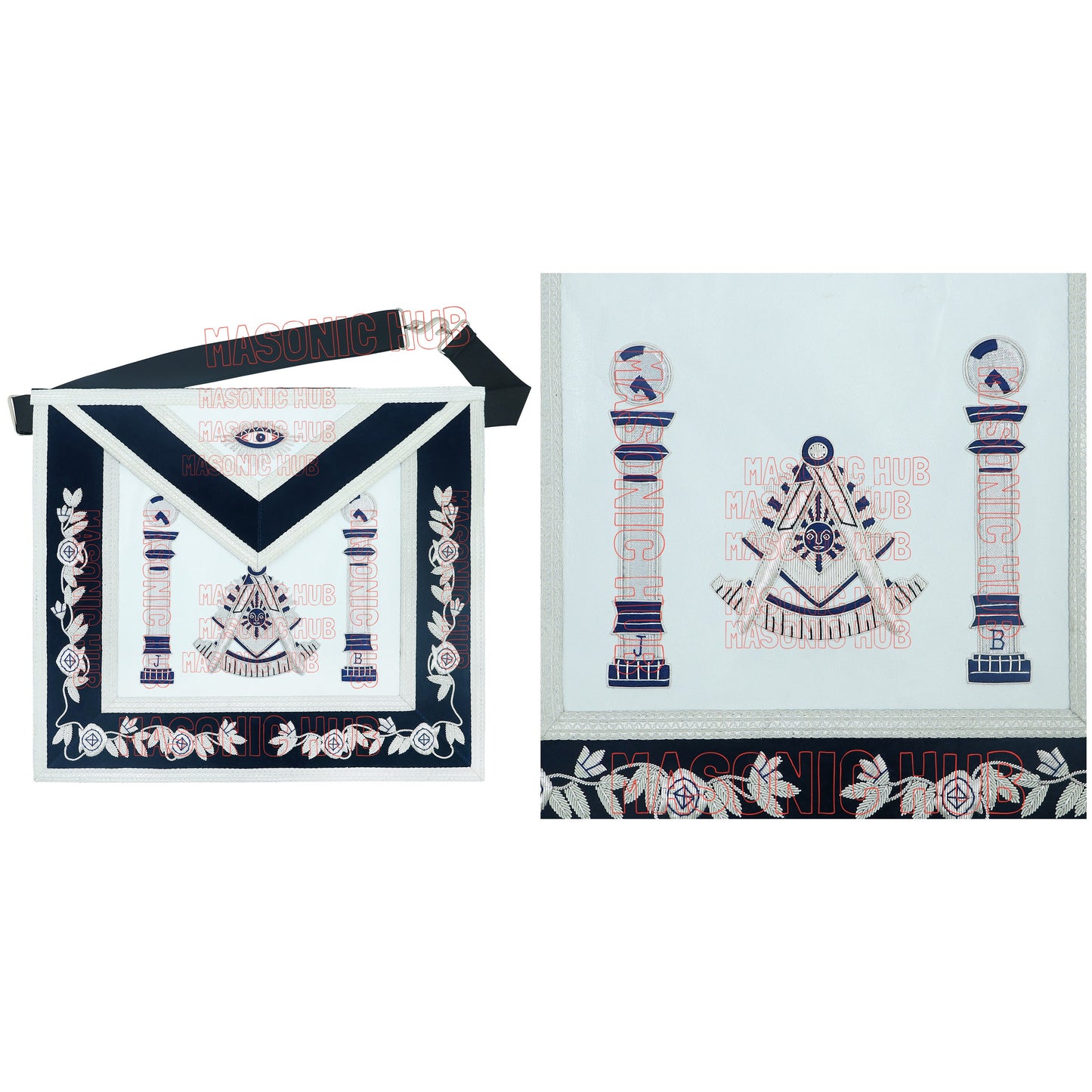 Masonic Past Master Apron | 100% Lambskin | Hand Embroidered Bullion | Navy Blue Velvet Pillar & Sunburst