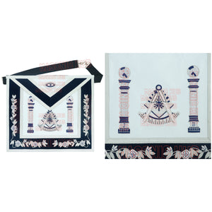 Masonic Past Master Apron | 100% Lambskin | Hand Embroidered Bullion | Navy Blue Velvet Pillar & Sunburst Masonic Hub