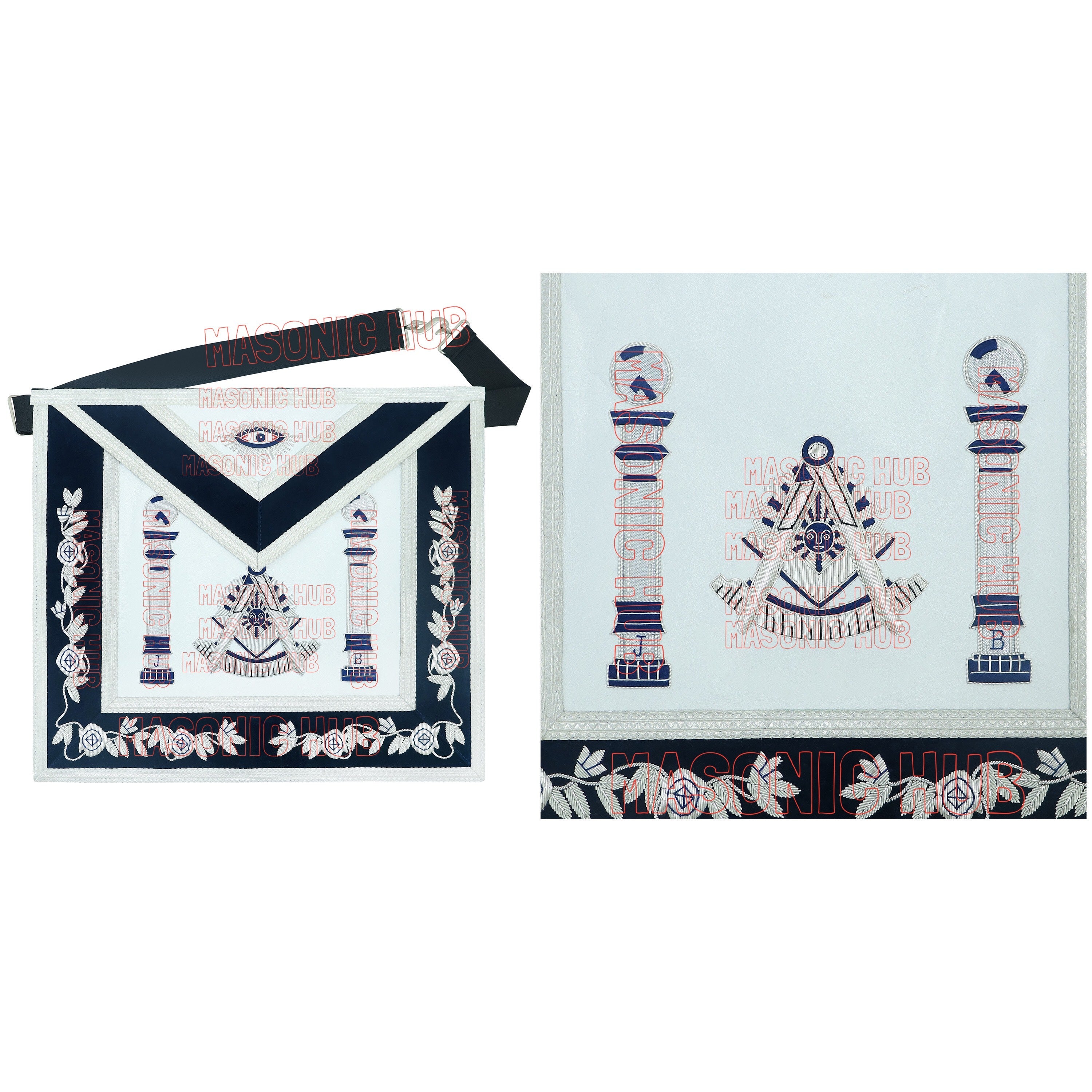 Masonic Past Master Apron | 100% Lambskin | Hand Embroidered Bullion | Navy Blue Velvet Pillar & Sunburst Masonic Hub