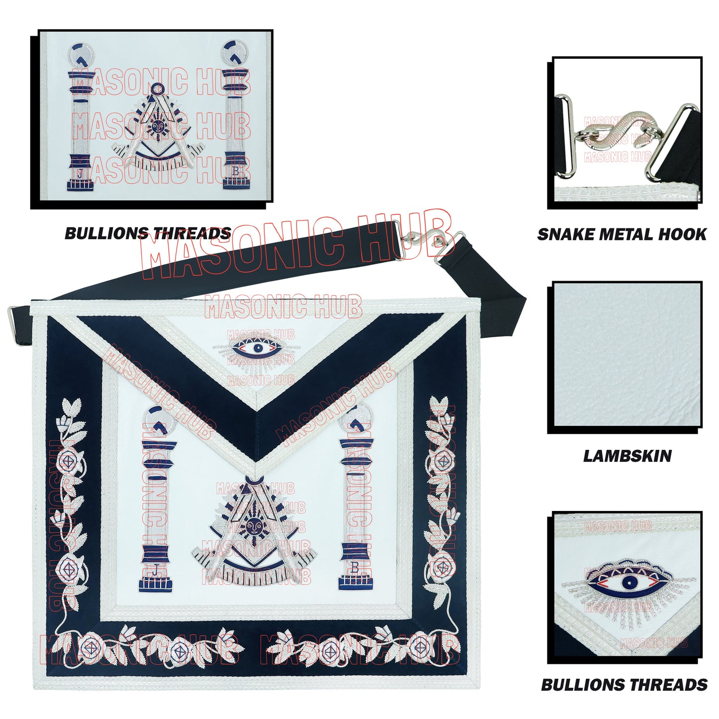 Masonic Past Master Apron | 100% Lambskin | Hand Embroidered Bullion | Navy Blue Velvet Pillar & Sunburst