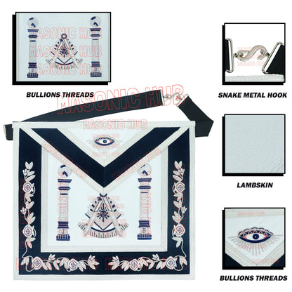 Masonic Past Master Apron | 100% Lambskin | Hand Embroidered Bullion | Navy Blue Velvet Pillar & Sunburst