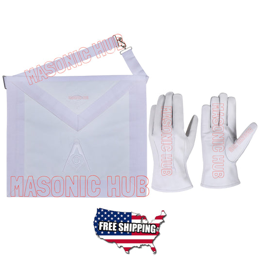 Masonic All-White Hand-Embroidered Master Mason Apron &amp; Plain White Gloves